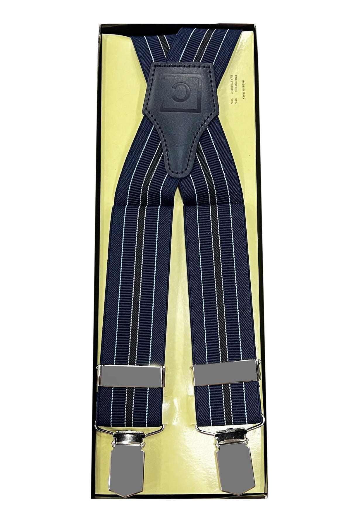 Bretelle da uomo blu rigate Elasticizzate 3,5 cm regolabili con chiusura pinze argento