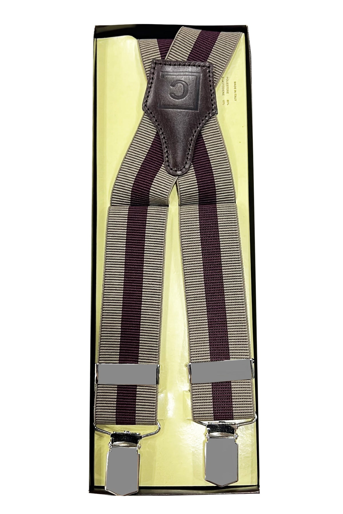 Bretelle da uomo beige riga bordeaux Elasticizzate 3,5 cm regolabili con chiusura pinze argento