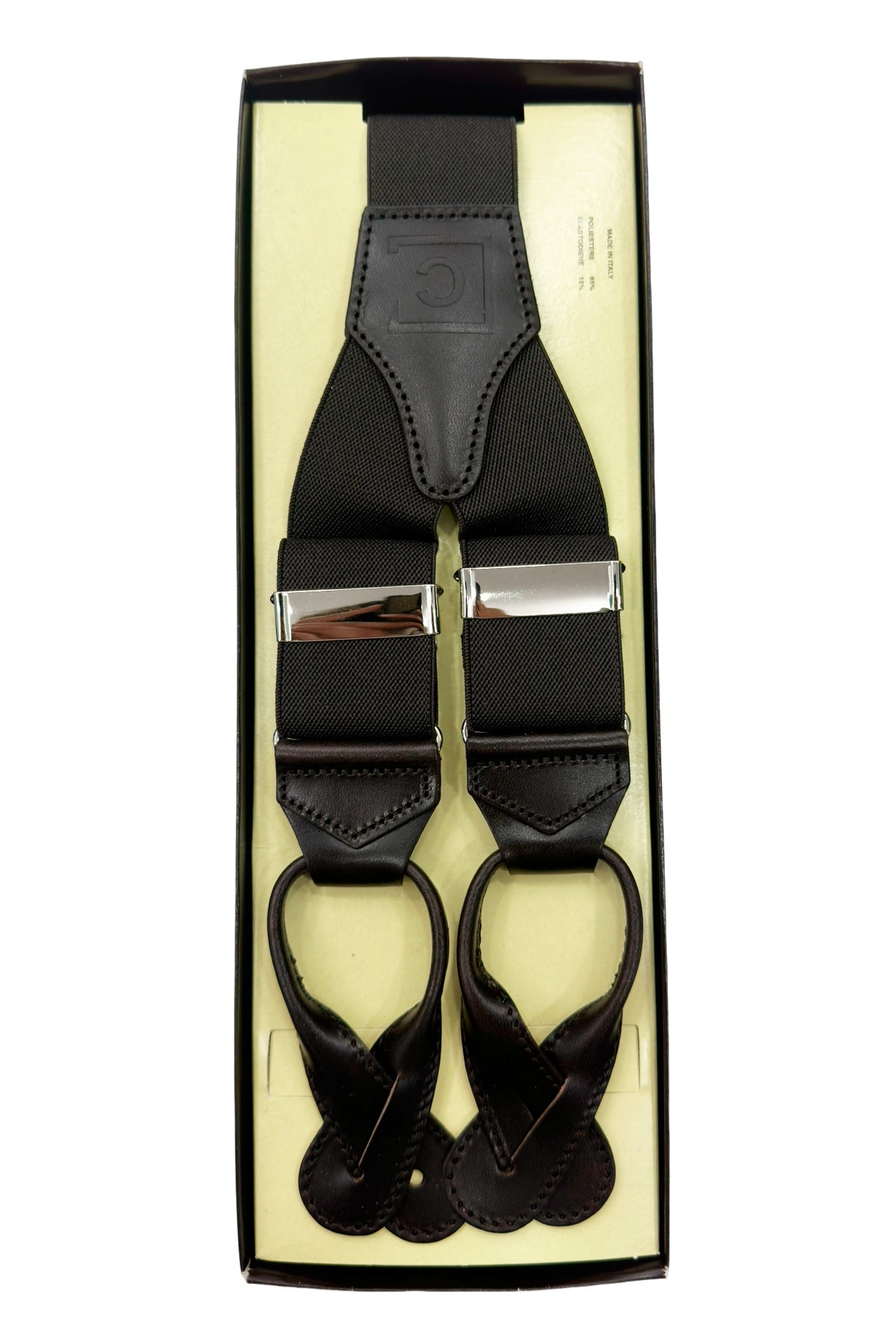 Bretelle da uomo Marroni elasticizzate 3,5 cm regolabili con chiusura pinze argento e chifferi color cuoio