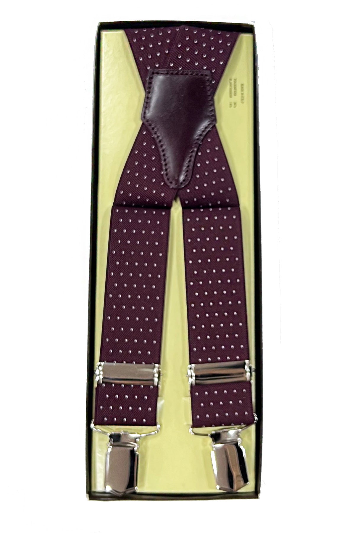 Bretelle da uomo bordeaux fantasia pois elastiche regolabili con chiusura pinze argento