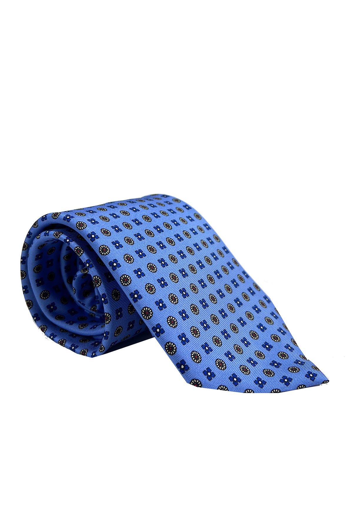 Cravatta uomo azzurra in pura seta fantasia cucita a mano 9cm