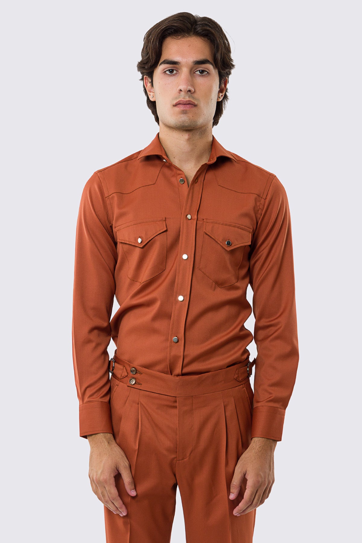 Camicia Uomo coccio modello texana vitale barberis canonico fresco lana super 130's made in italy collo semi francese morbido slim fit bottoni argento