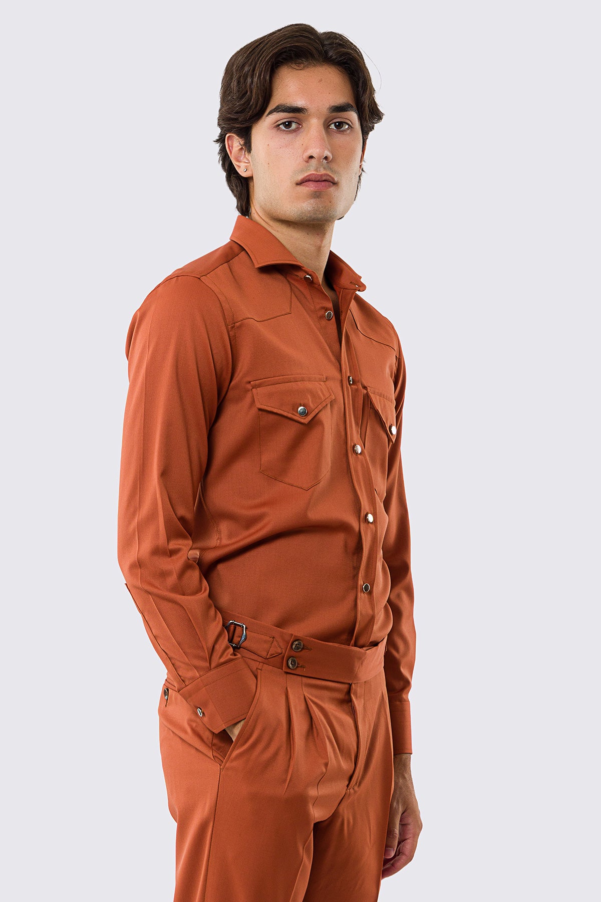Camicia Uomo coccio modello texana vitale barberis canonico fresco lana super 130's made in italy collo semi francese morbido slim fit bottoni argento