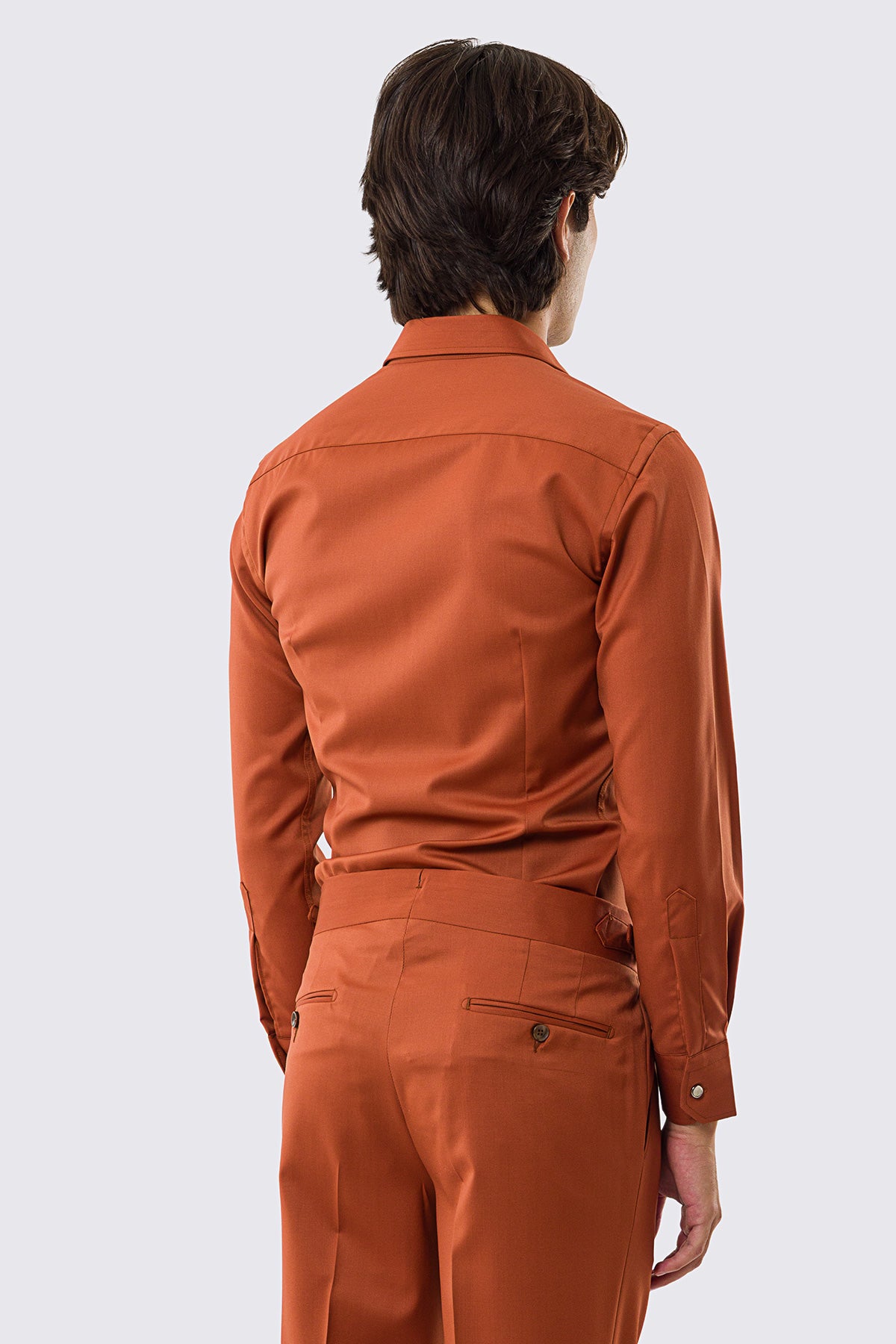 Camicia Uomo coccio modello texana vitale barberis canonico fresco lana super 130's made in italy collo semi francese morbido slim fit bottoni argento