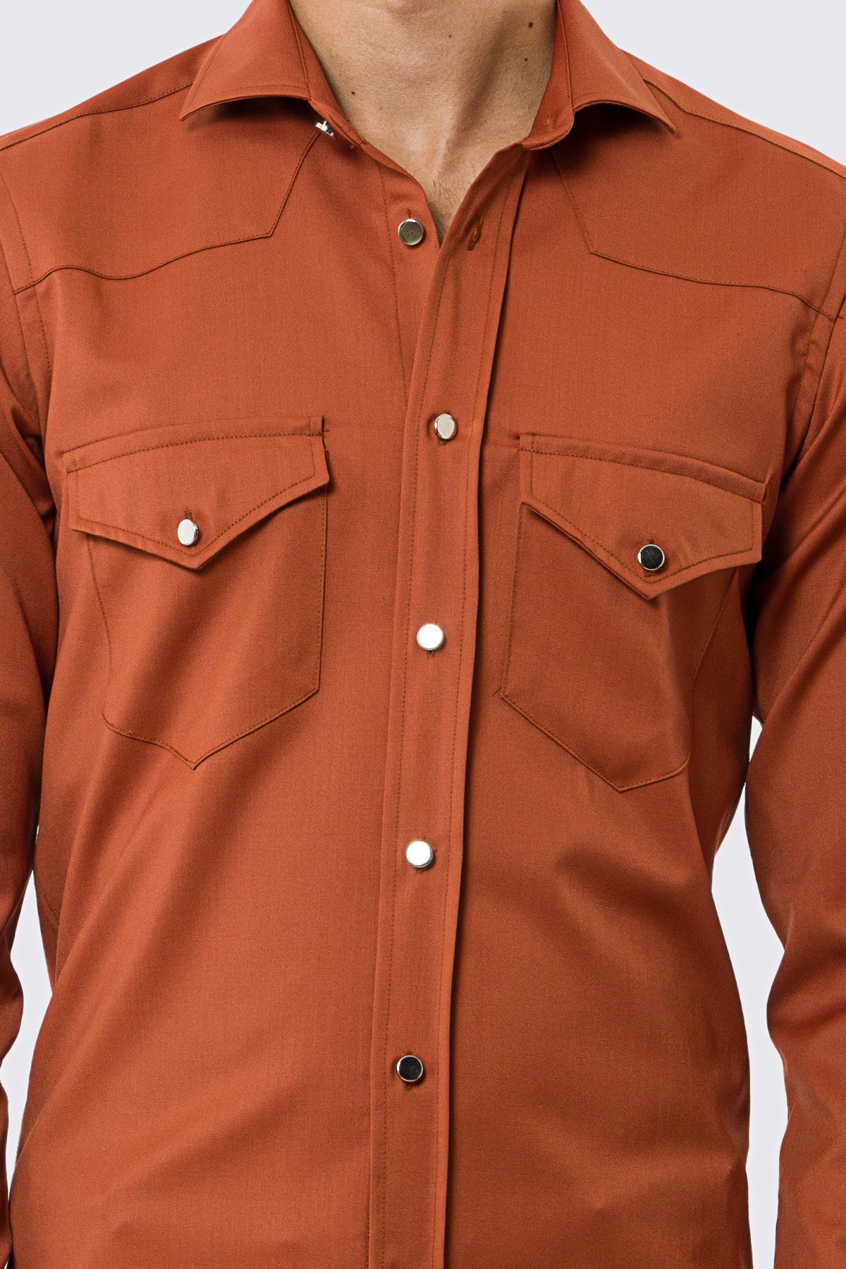 Camicia Uomo coccio modello texana vitale barberis canonico fresco lana super 130's made in italy collo semi francese morbido slim fit bottoni argento