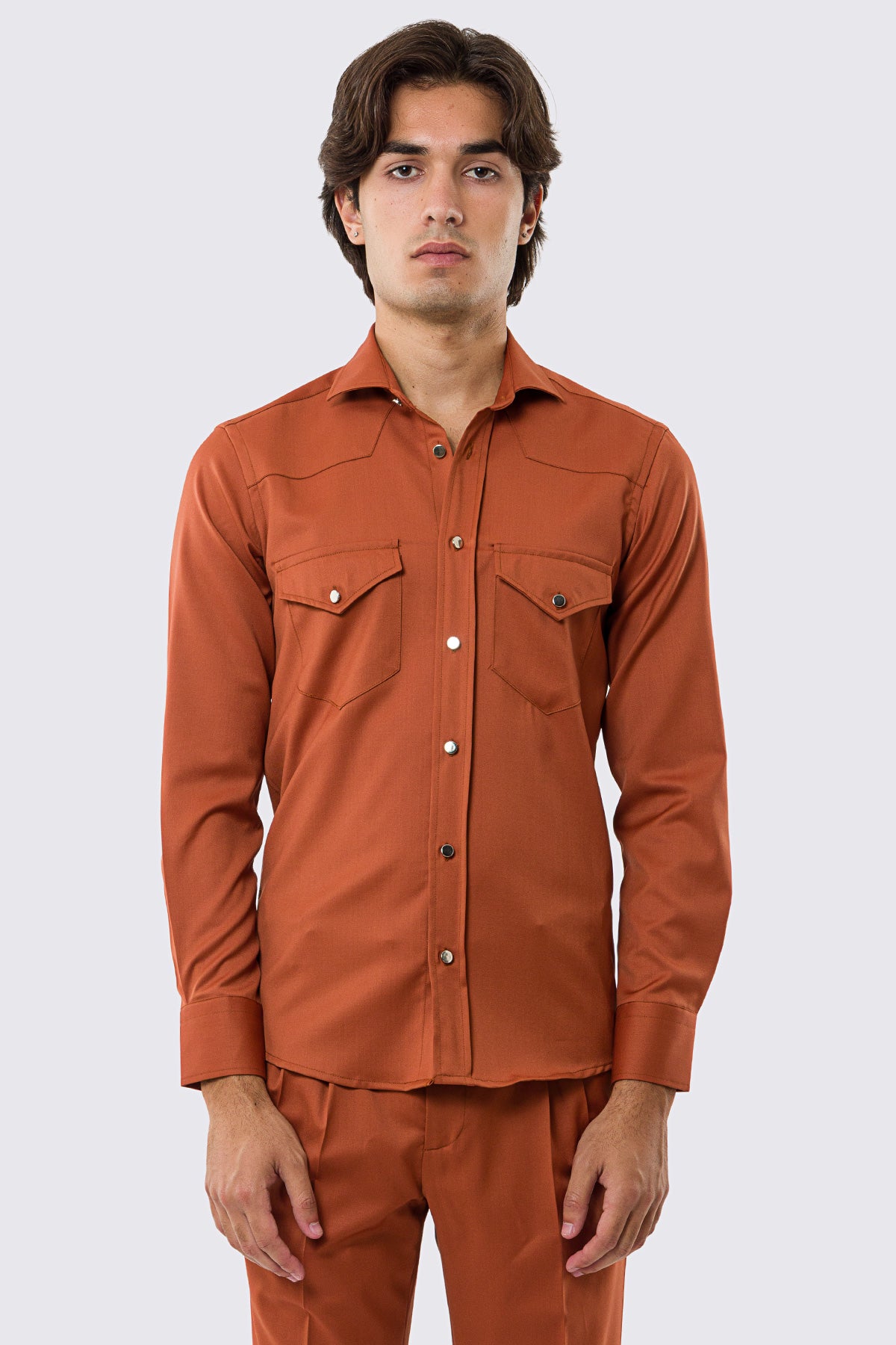 Camicia Uomo coccio modello texana vitale barberis canonico fresco lana super 130's made in italy collo semi francese morbido slim fit bottoni argento