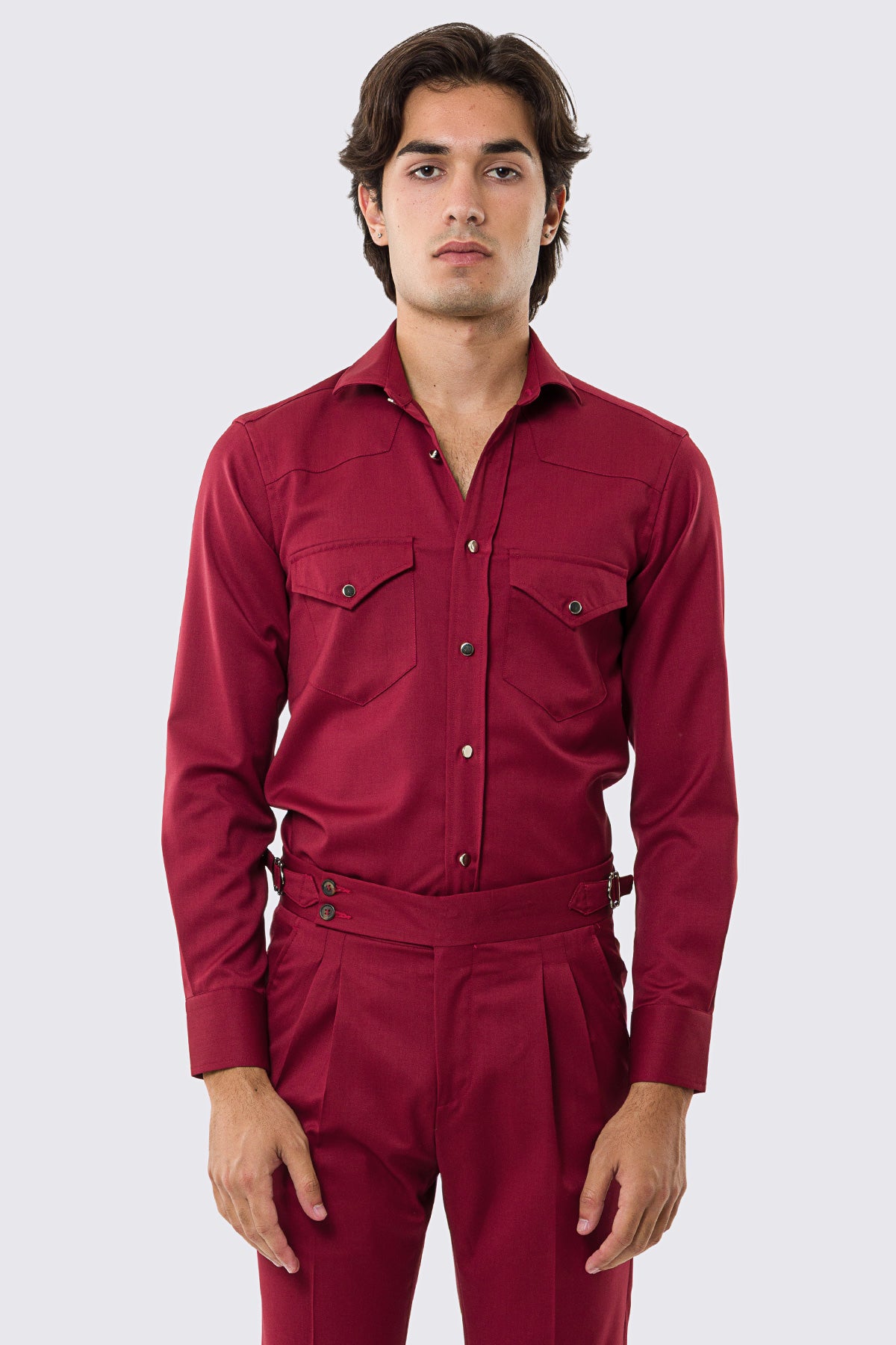 Camicia Uomo rossa modello texana vitale barberis canonico fresco lana super 130's made in italy collo semi francese morbido slim fit bottoni argento