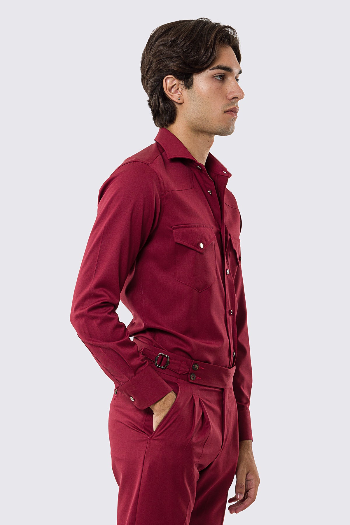 Camicia Uomo rossa modello texana vitale barberis canonico fresco lana super 130's made in italy collo semi francese morbido slim fit bottoni argento