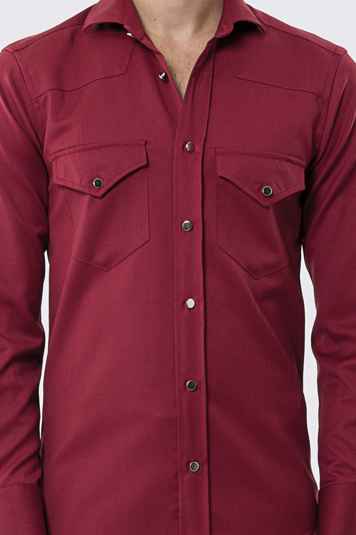 Camicia Uomo rossa modello texana vitale barberis canonico fresco lana super 130's made in italy collo semi francese morbido slim fit bottoni argento