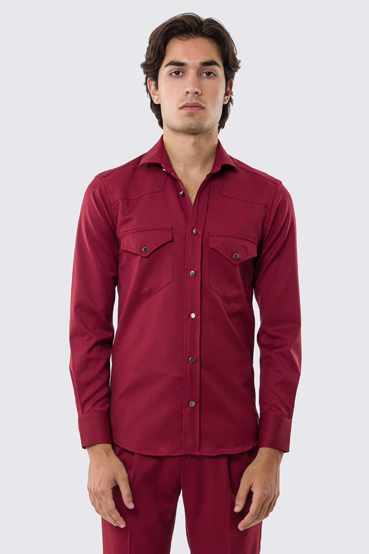 Camicia Uomo rossa modello texana vitale barberis canonico fresco lana super 130's made in italy collo semi francese morbido slim fit bottoni argento