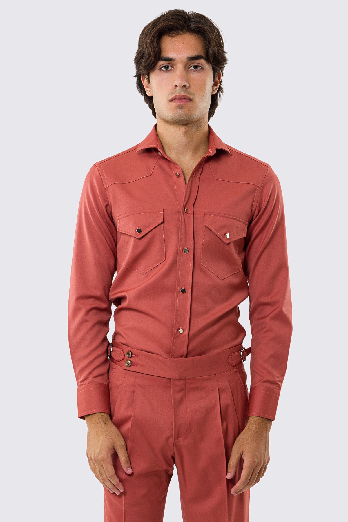 Camicia Uomo corallo modello texana vitale barberis canonico fresco lana super 130's made in italy collo semi francese morbido slim fit bottoni argento