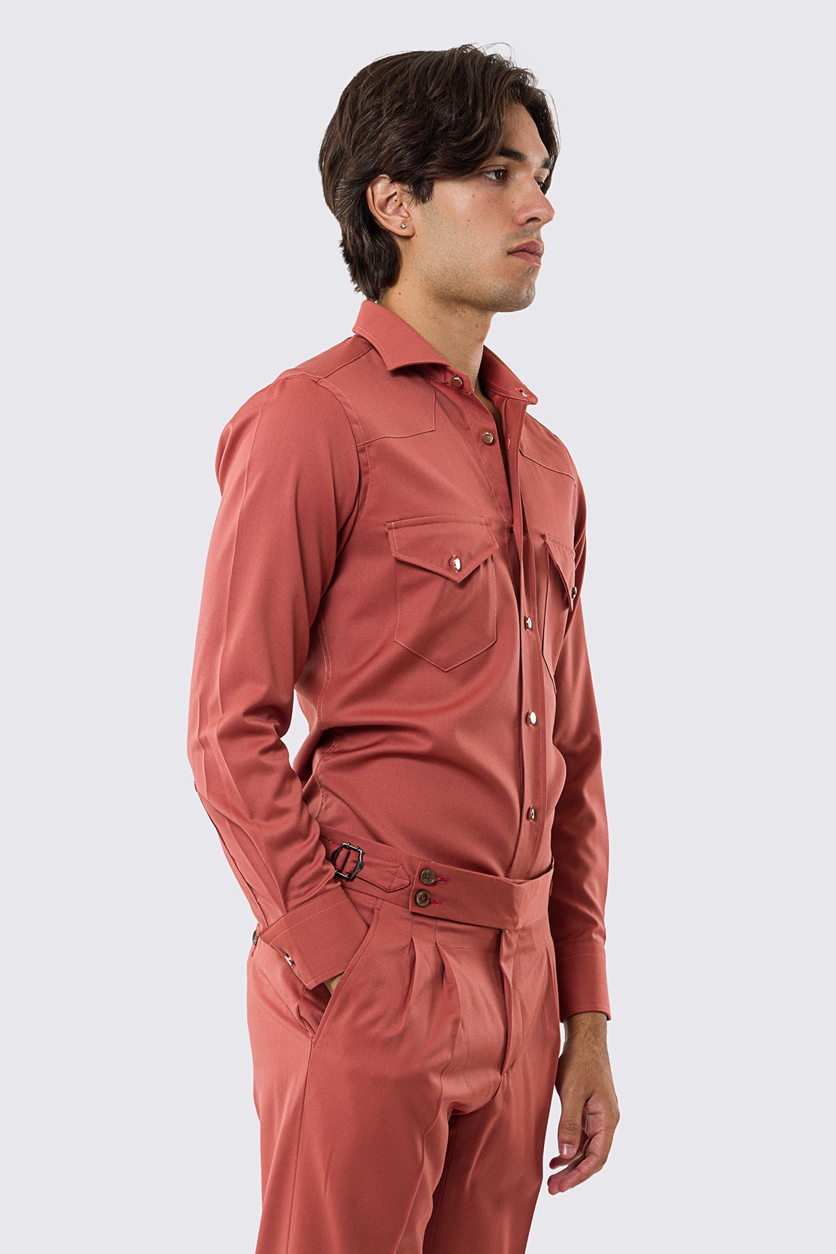 Camicia Uomo corallo modello texana vitale barberis canonico fresco lana super 130's made in italy collo semi francese morbido slim fit bottoni argento