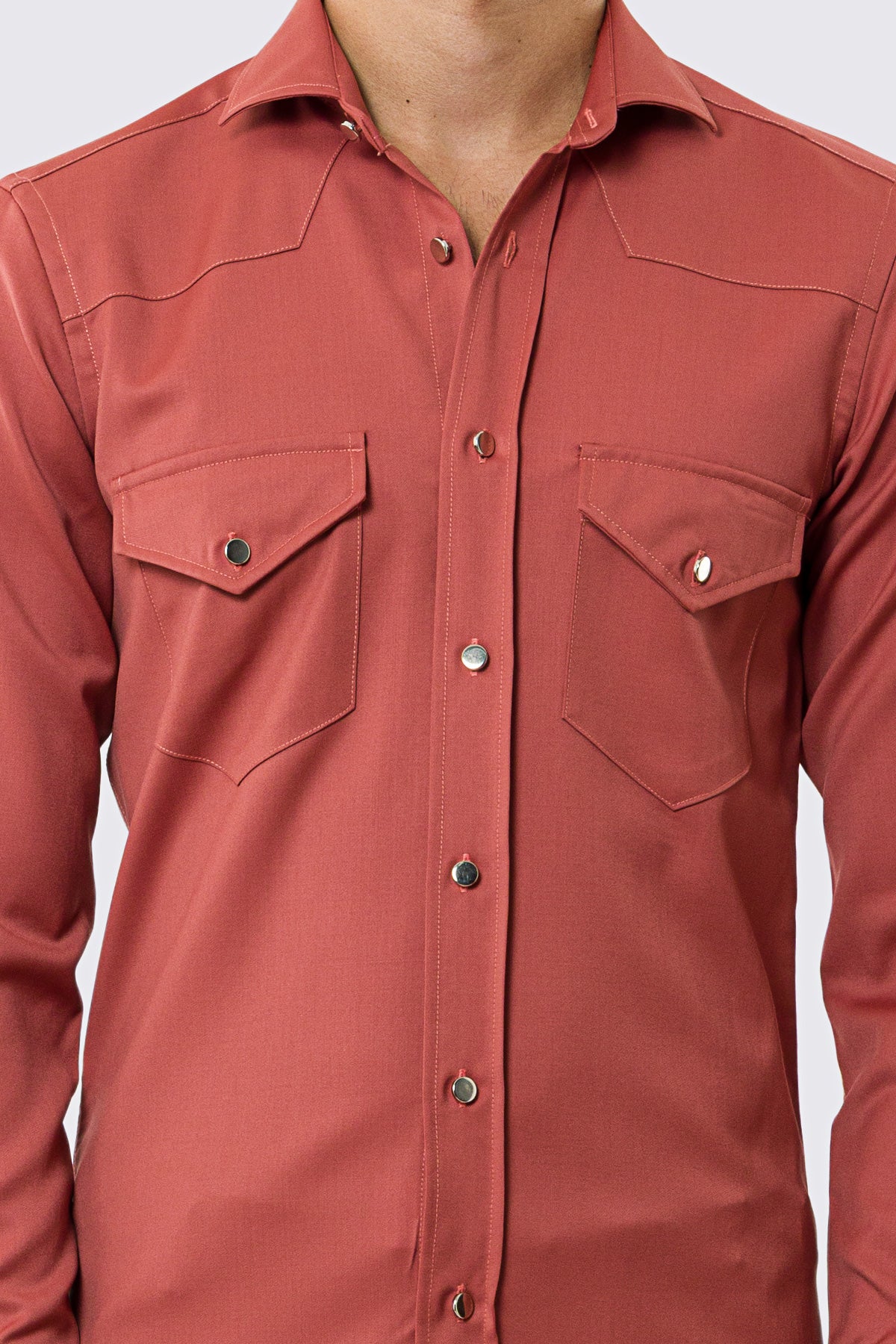 Camicia Uomo corallo modello texana vitale barberis canonico fresco lana super 130's made in italy collo semi francese morbido slim fit bottoni argento