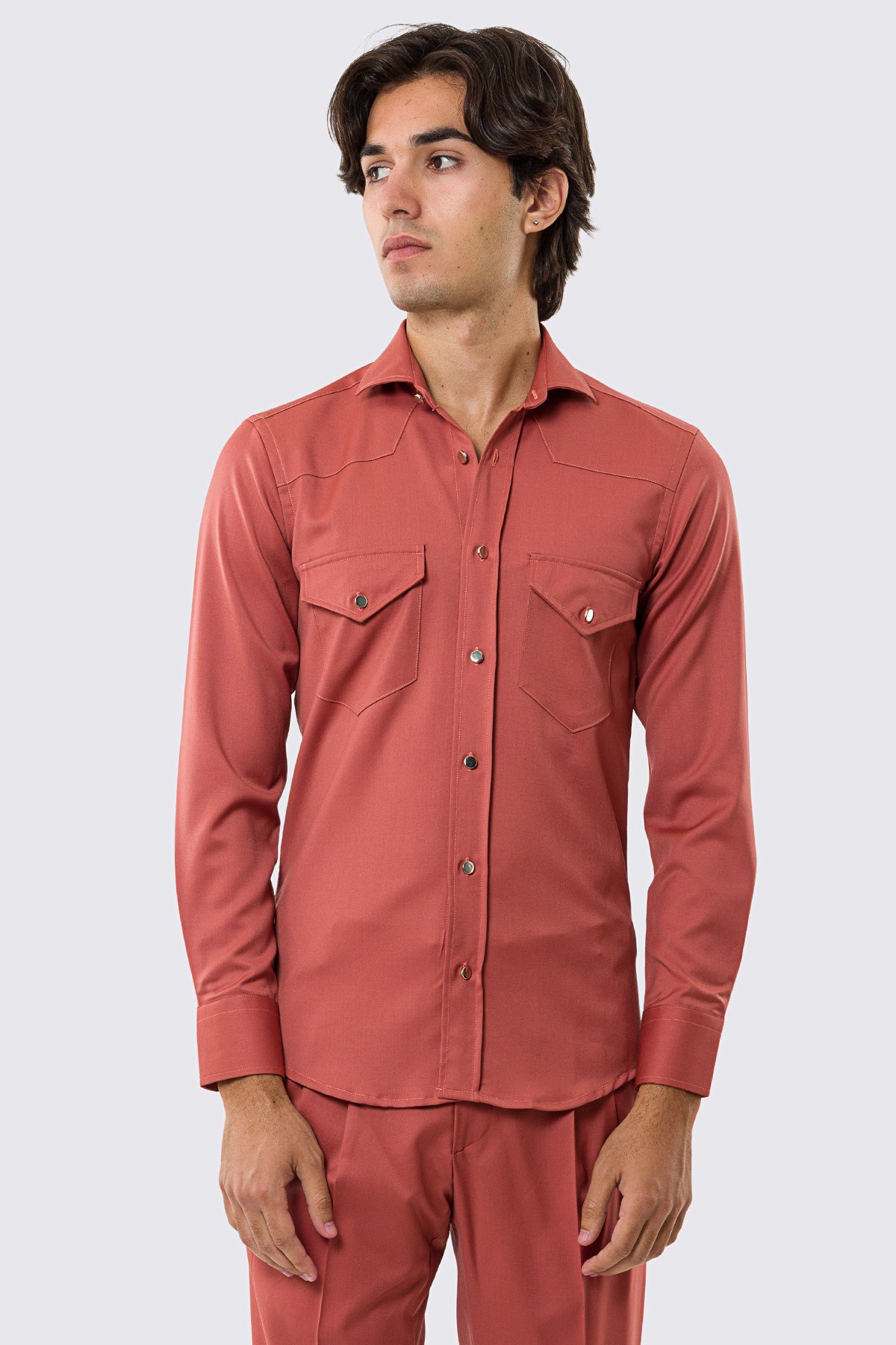 Camicia Uomo corallo modello texana vitale barberis canonico fresco lana super 130's made in italy collo semi francese morbido slim fit bottoni argento