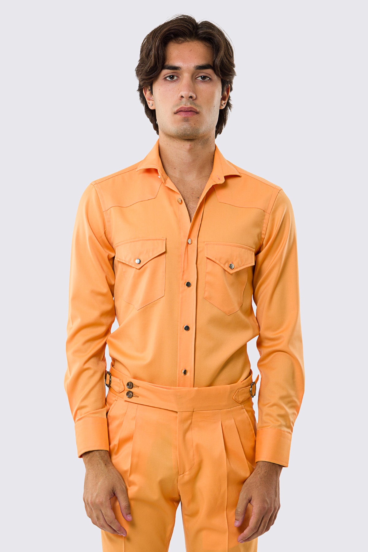 Camicia Uomo arancio modello texana vitale barberis canonico fresco lana super 130's made in italy collo semi francese morbido slim fit bottoni argento