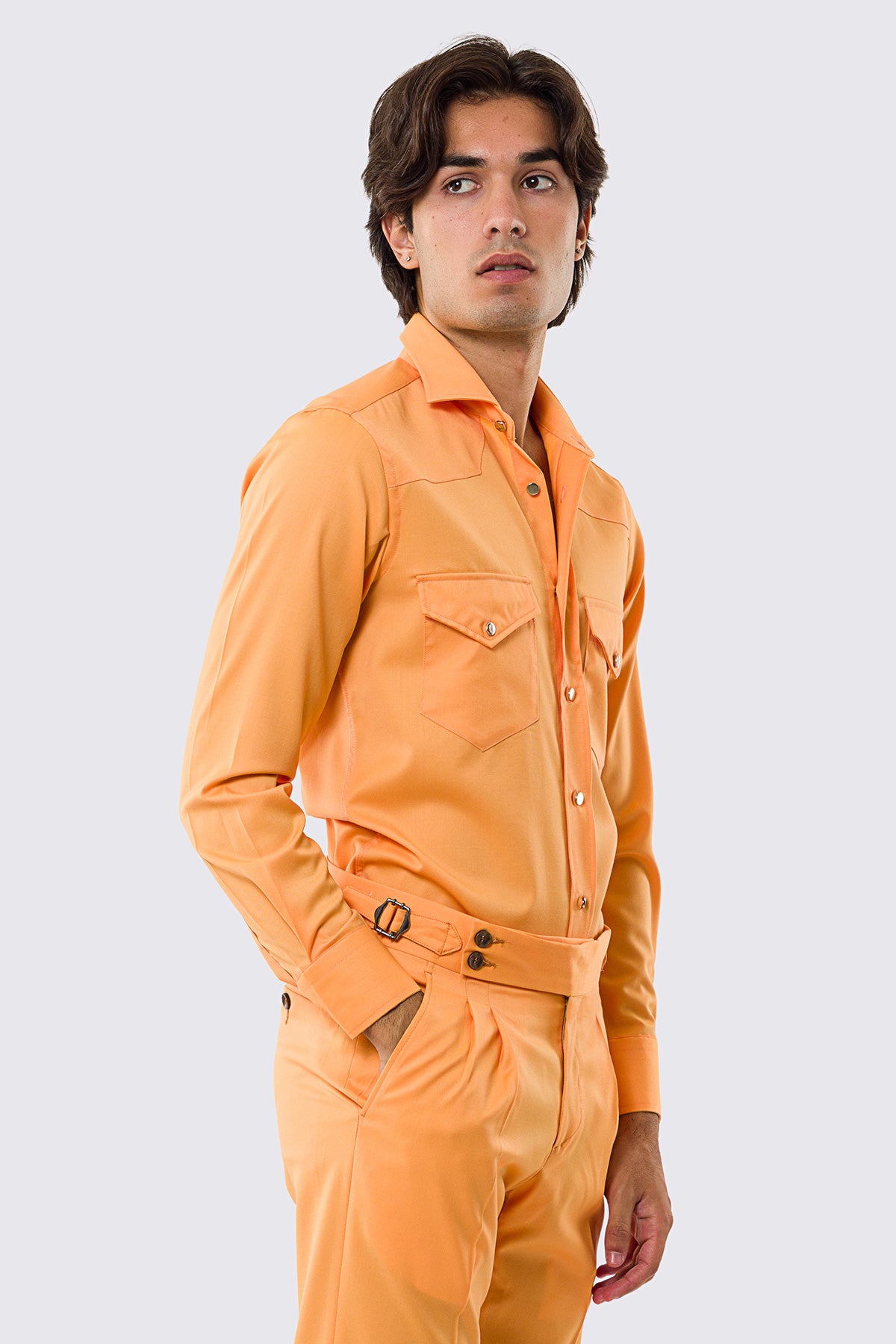 Camicia Uomo arancio modello texana vitale barberis canonico fresco lana super 130's made in italy collo semi francese morbido slim fit bottoni argento