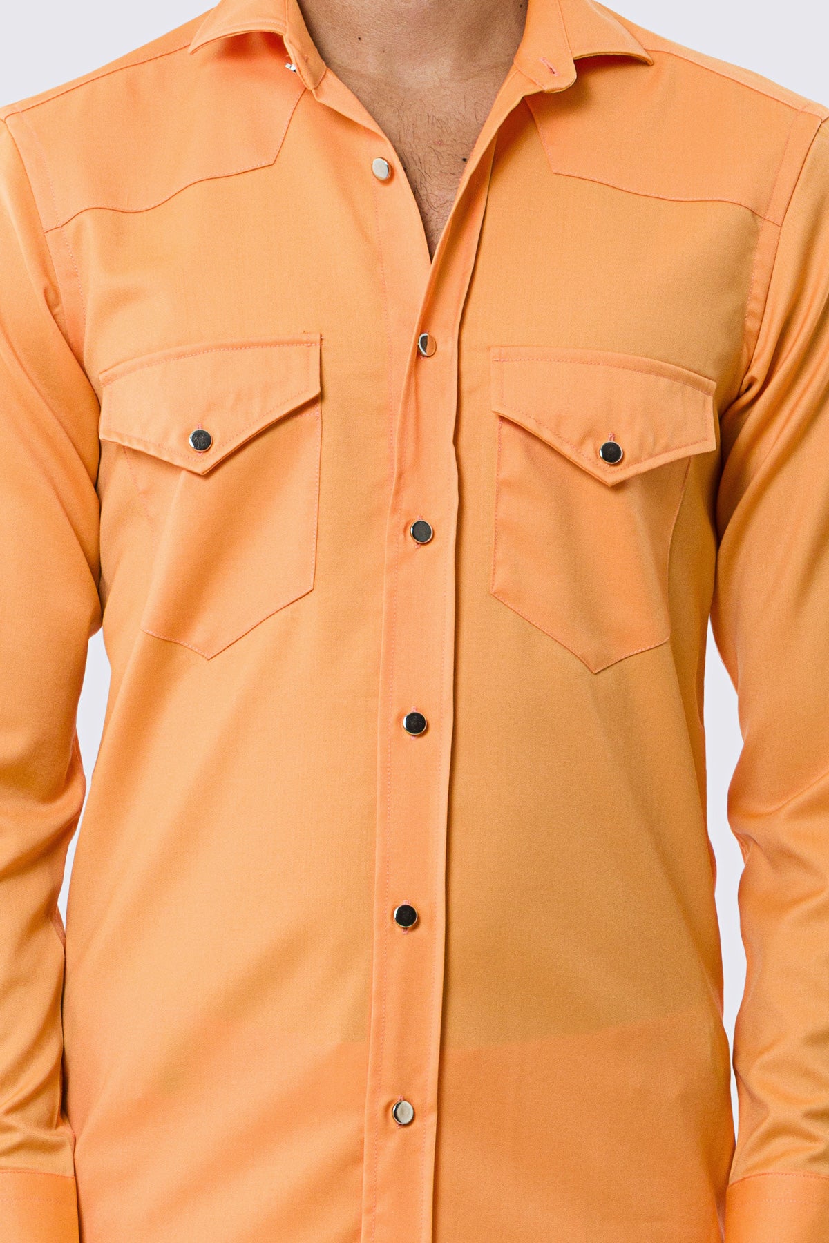 Camicia Uomo arancio modello texana vitale barberis canonico fresco lana super 130's made in italy collo semi francese morbido slim fit bottoni argento