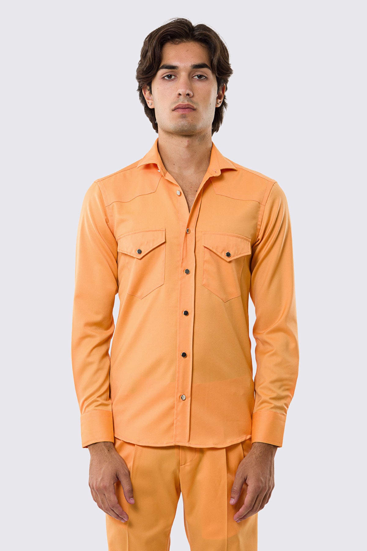 Camicia Uomo arancio modello texana vitale barberis canonico fresco lana super 130's made in italy collo semi francese morbido slim fit bottoni argento