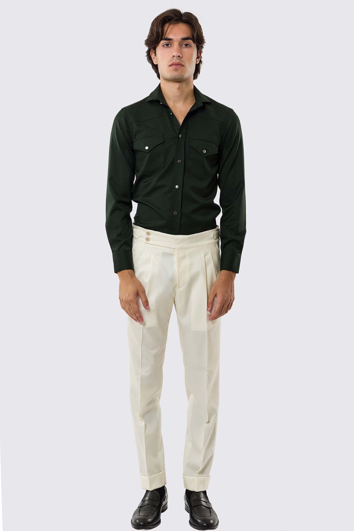 Camicia Uomo Verde modello texana vitale barberis canonico fresco lana super 130's made in italy collo semi francese morbido slim fit bottoni argento