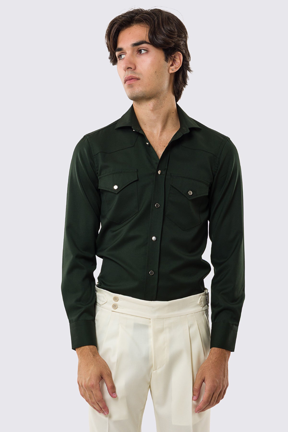 Camicia Uomo Verde modello texana vitale barberis canonico fresco lana super 130's made in italy collo semi francese morbido slim fit bottoni argento