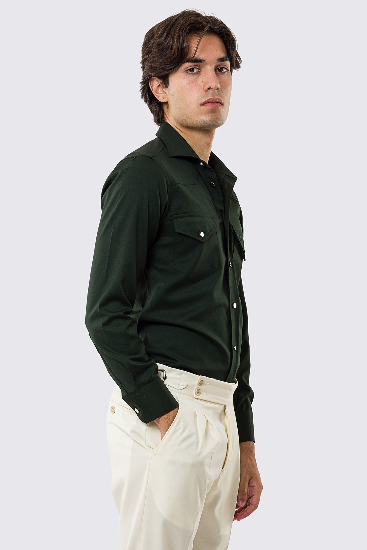 Camicia Uomo Verde modello texana vitale barberis canonico fresco lana super 130's made in italy collo semi francese morbido slim fit bottoni argento