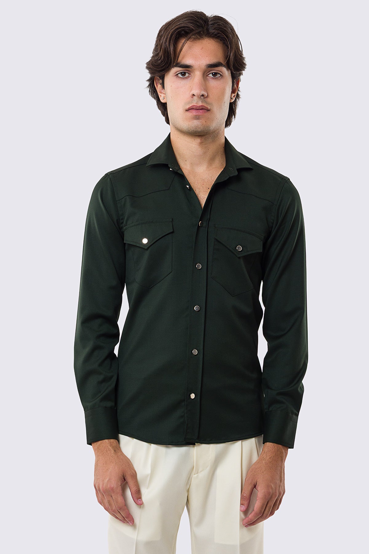 Camicia Uomo Verde modello texana vitale barberis canonico fresco lana super 130's made in italy collo semi francese morbido slim fit bottoni argento
