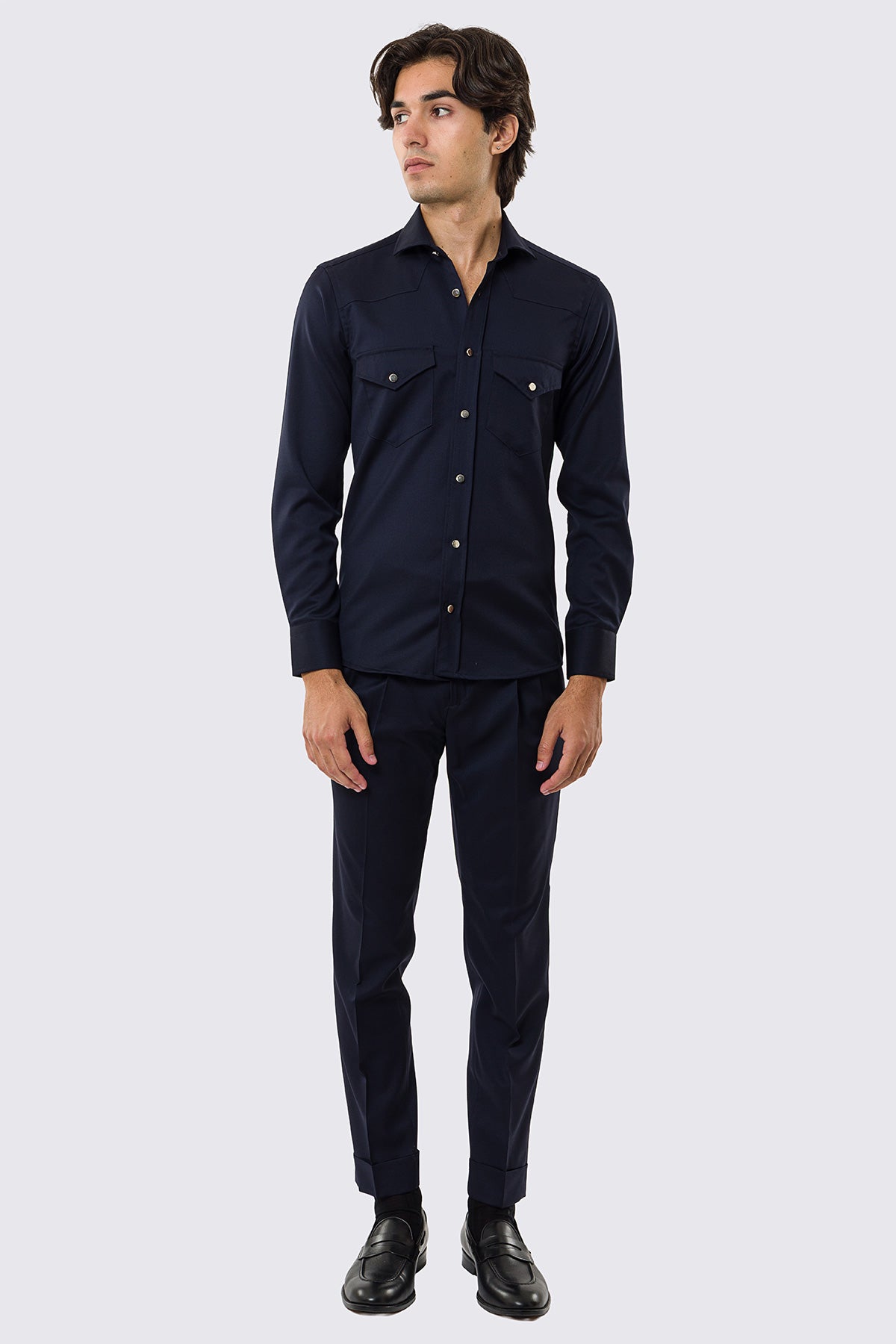 Camicia Uomo blu modello texana vitale barberis canonico fresco lana super 130's made in italy collo semi francese morbido slim fit bottoni argento