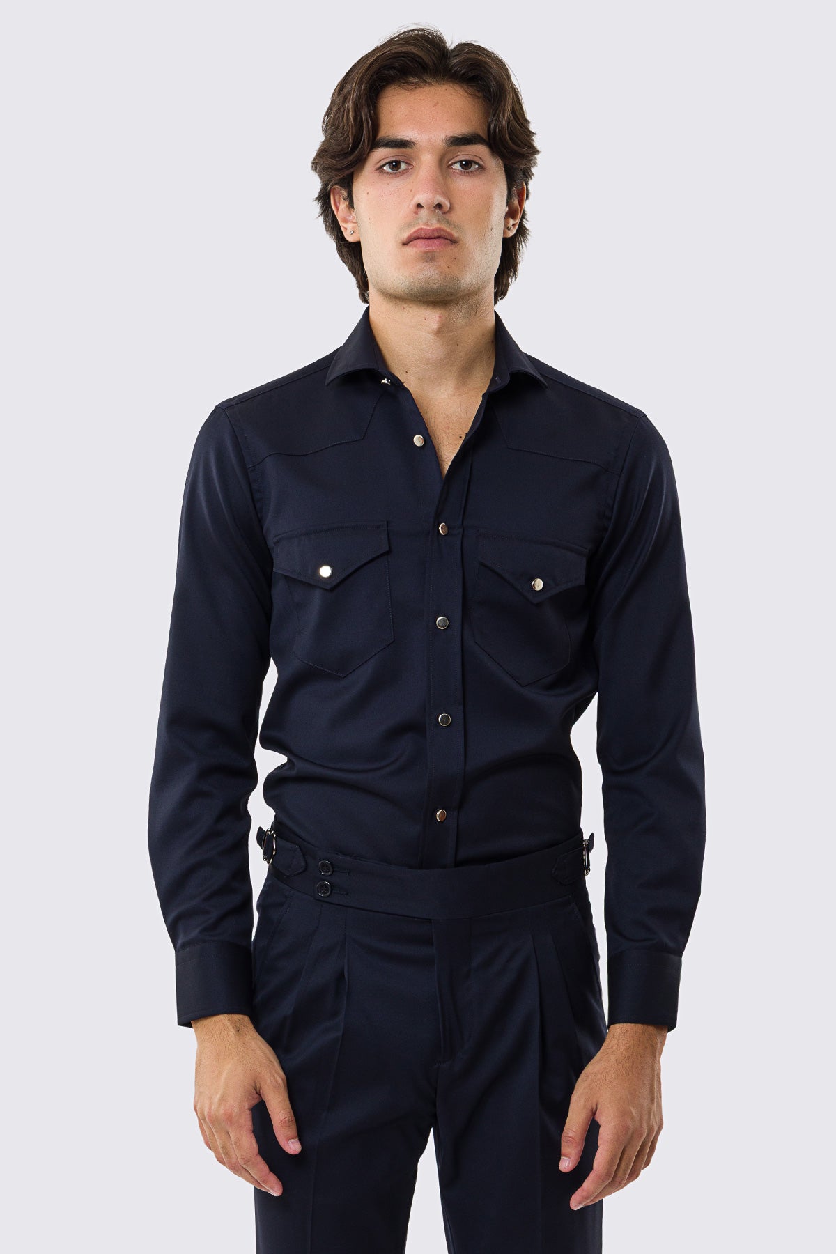 Camicia Uomo blu modello texana vitale barberis canonico fresco lana super 130's made in italy collo semi francese morbido slim fit bottoni argento