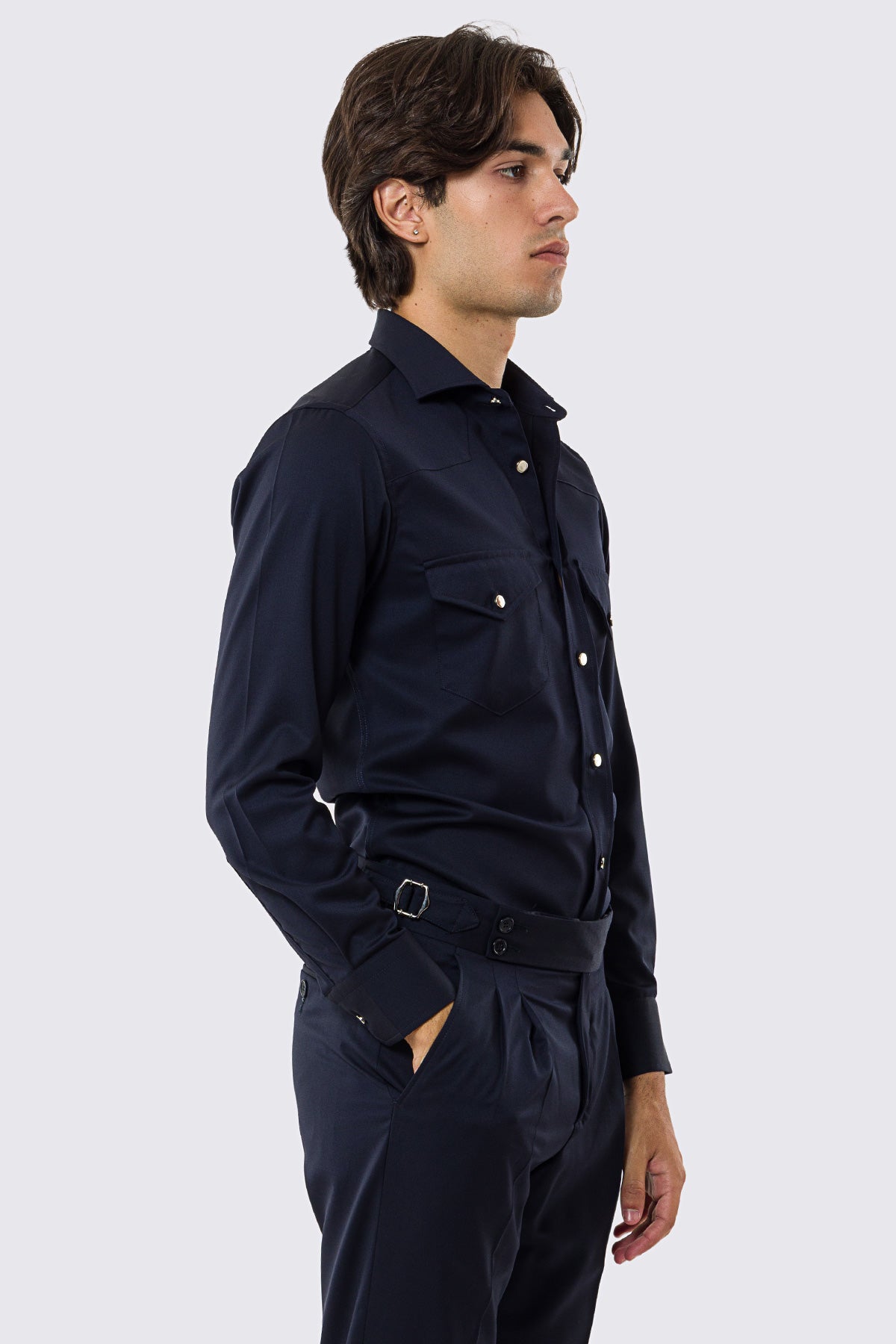 Camicia Uomo blu modello texana vitale barberis canonico fresco lana super 130's made in italy collo semi francese morbido slim fit bottoni argento