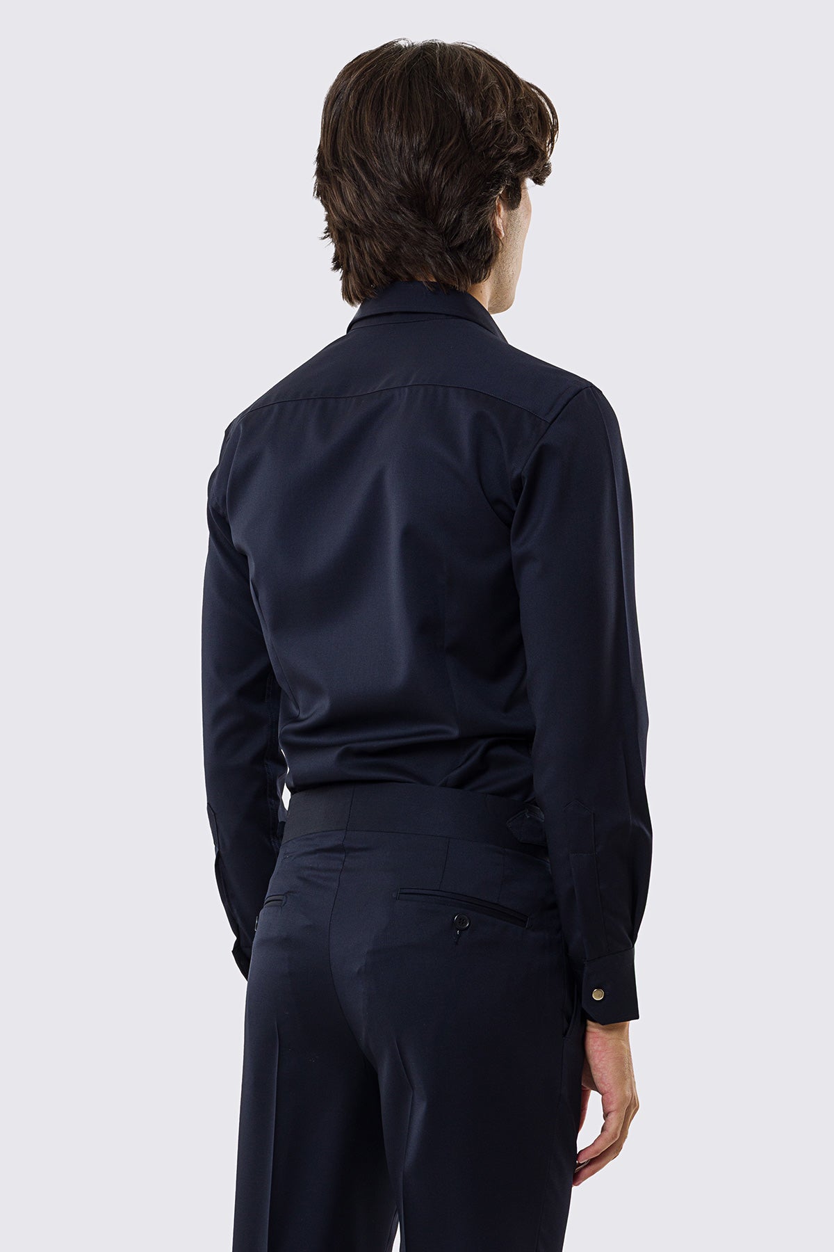 Camicia Uomo blu modello texana vitale barberis canonico fresco lana super 130's made in italy collo semi francese morbido slim fit bottoni argento