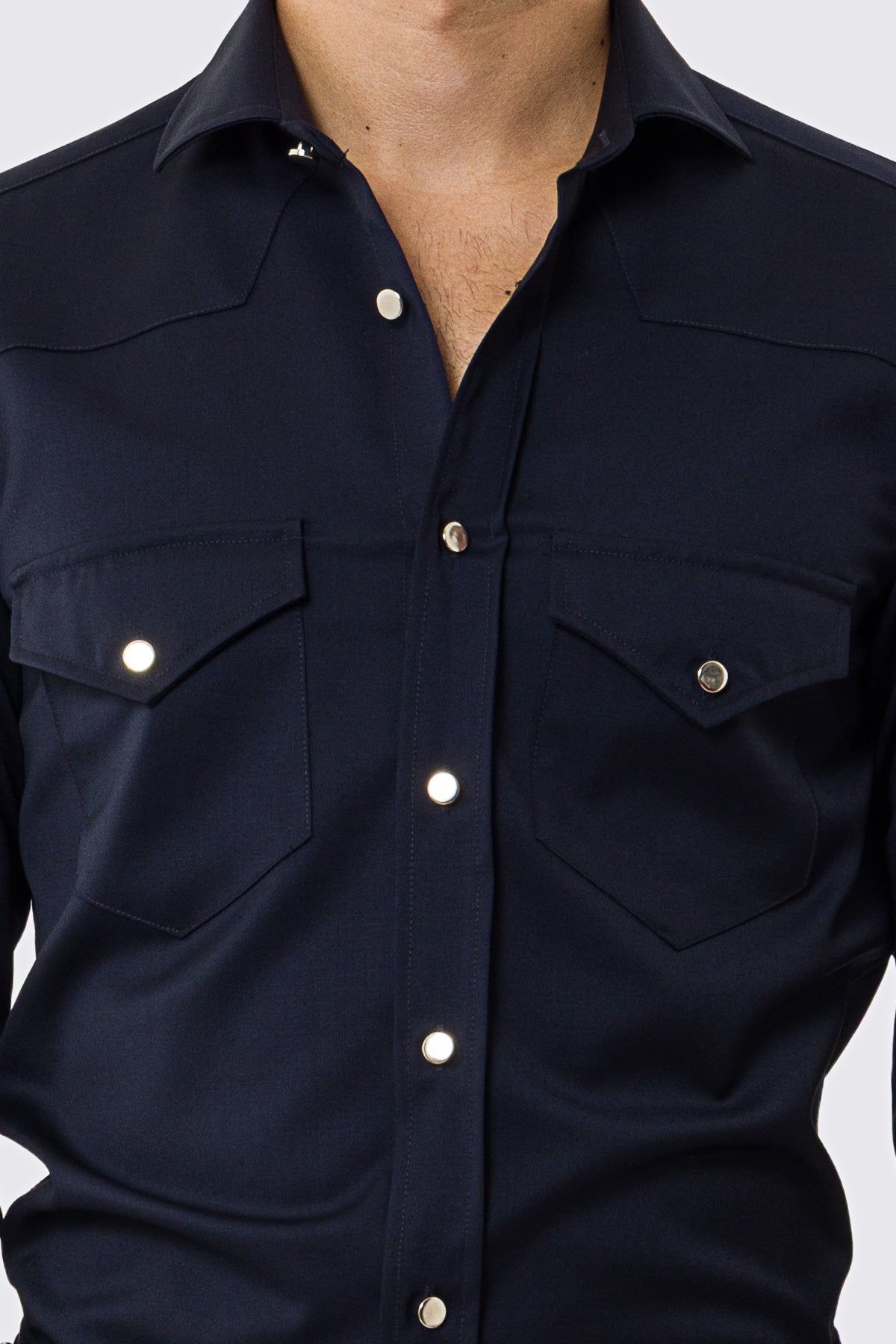 Camicia Uomo blu modello texana vitale barberis canonico fresco lana super 130's made in italy collo semi francese morbido slim fit bottoni argento
