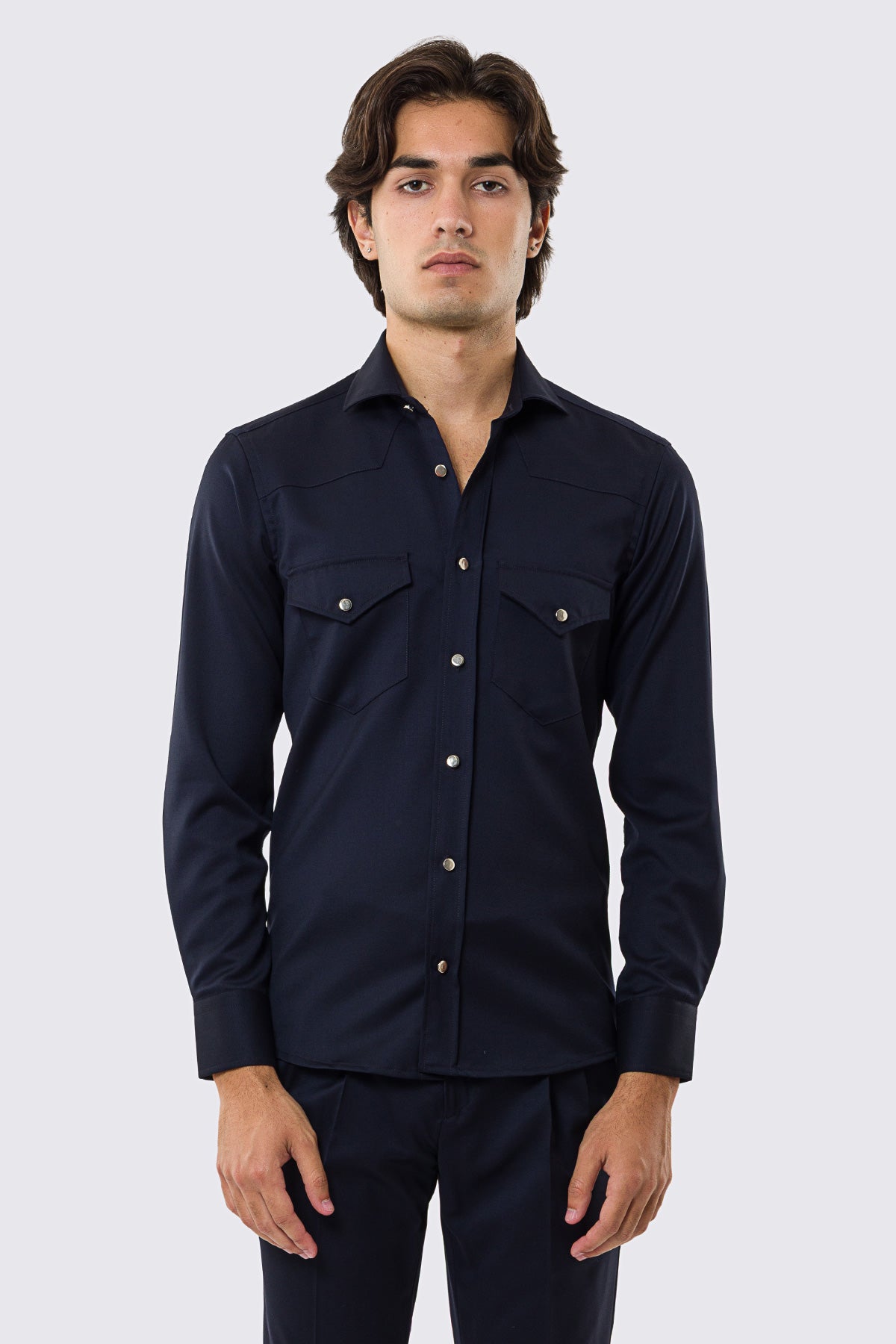 Camicia Uomo blu modello texana vitale barberis canonico fresco lana super 130's made in italy collo semi francese morbido slim fit bottoni argento