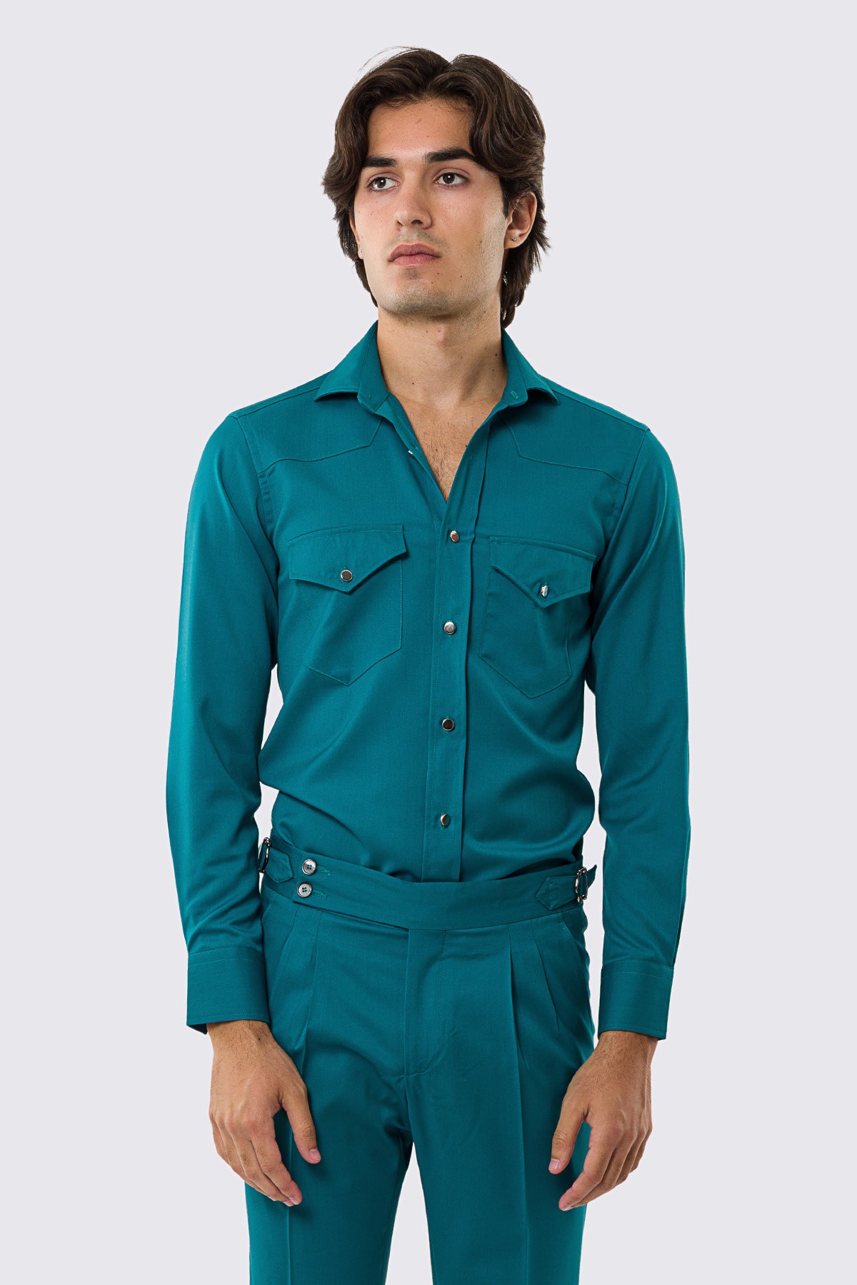 Camicia Uomo menta modello texana vitale barberis canonico fresco lana super 130's made in italy collo semi francese morbido slim fit bottoni argento