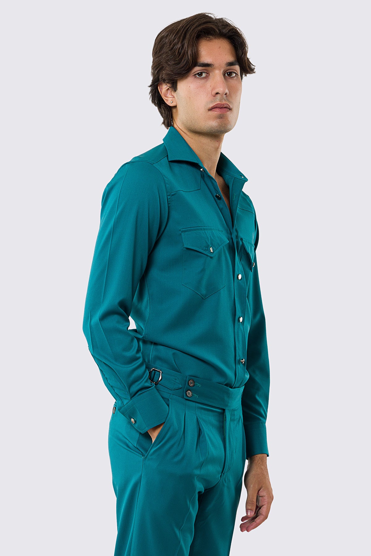 Camicia Uomo menta modello texana vitale barberis canonico fresco lana super 130's made in italy collo semi francese morbido slim fit bottoni argento