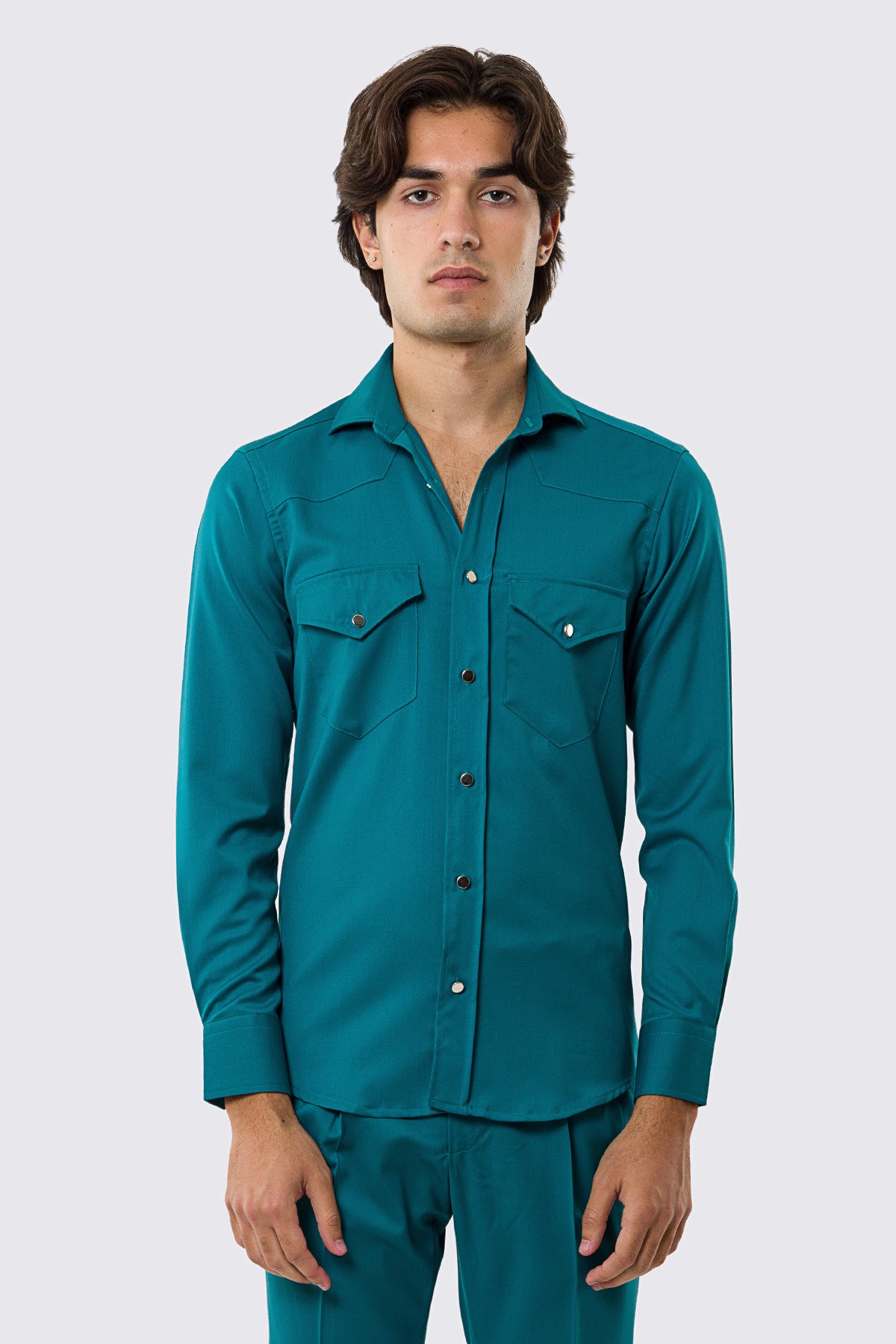 Camicia Uomo menta modello texana vitale barberis canonico fresco lana super 130's made in italy collo semi francese morbido slim fit bottoni argento