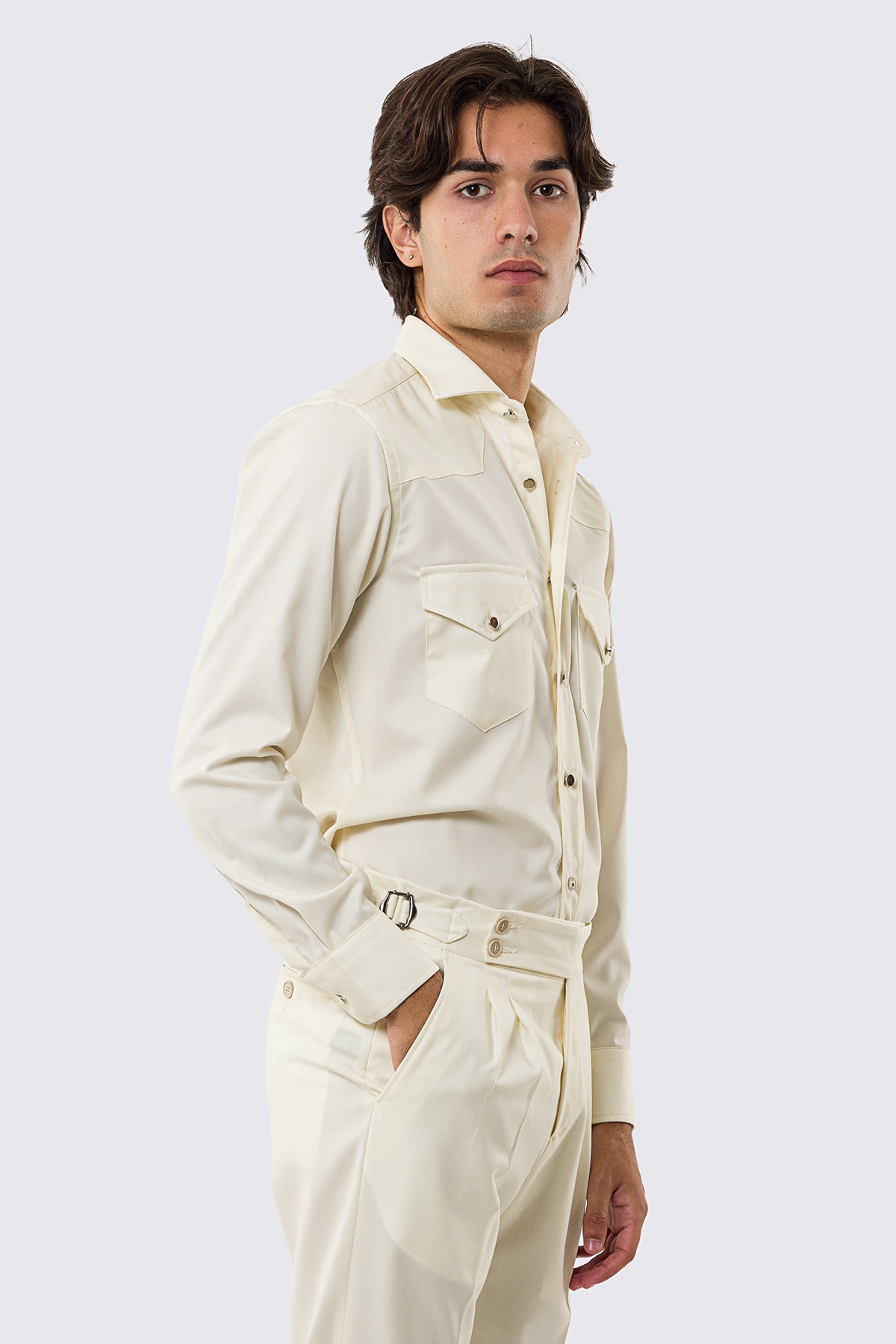 Camicia Uomo panna modello texana vitale barberis canonico fresco lana super 130's made in italy collo semi francese morbido slim fit bottoni argento