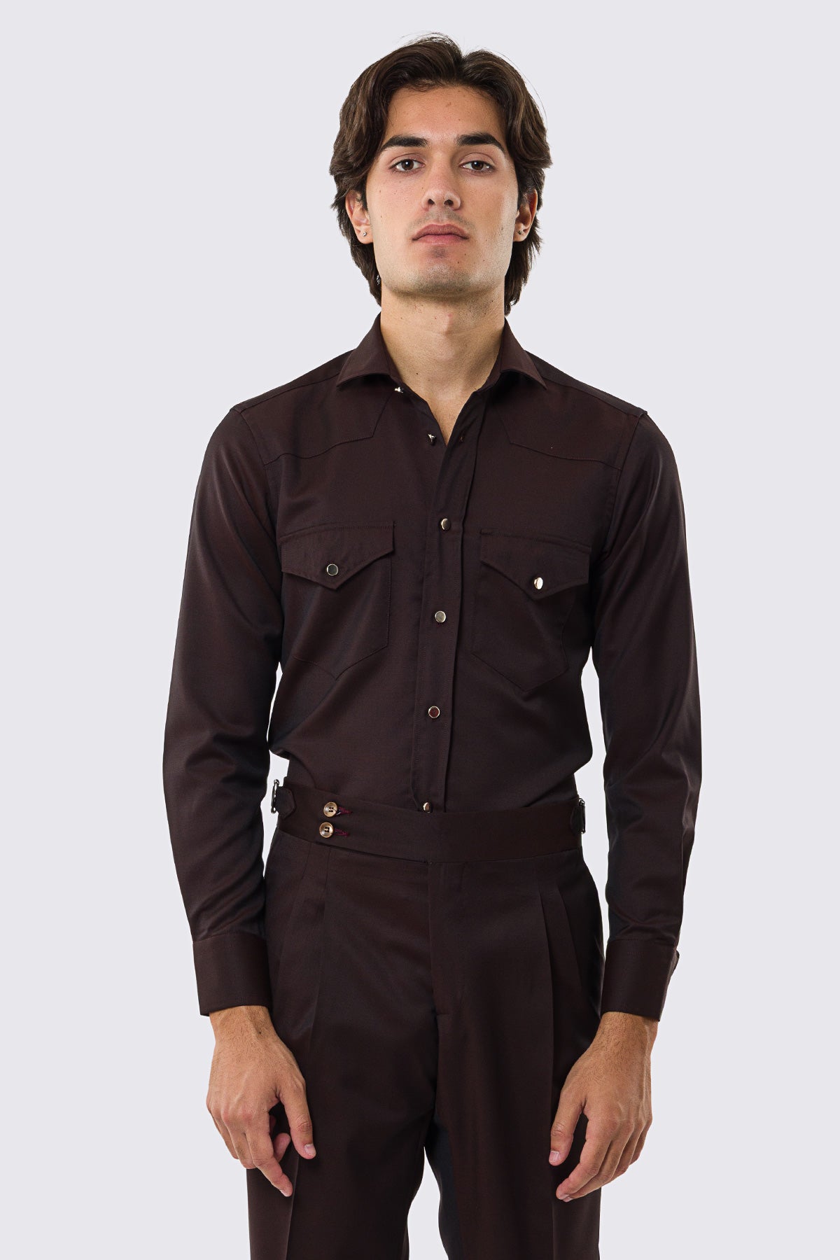 Camicia Uomo marrone modello texana vitale barberis canonico fresco lana super 130's made in italy collo semi francese morbido slim fit bottoni argento