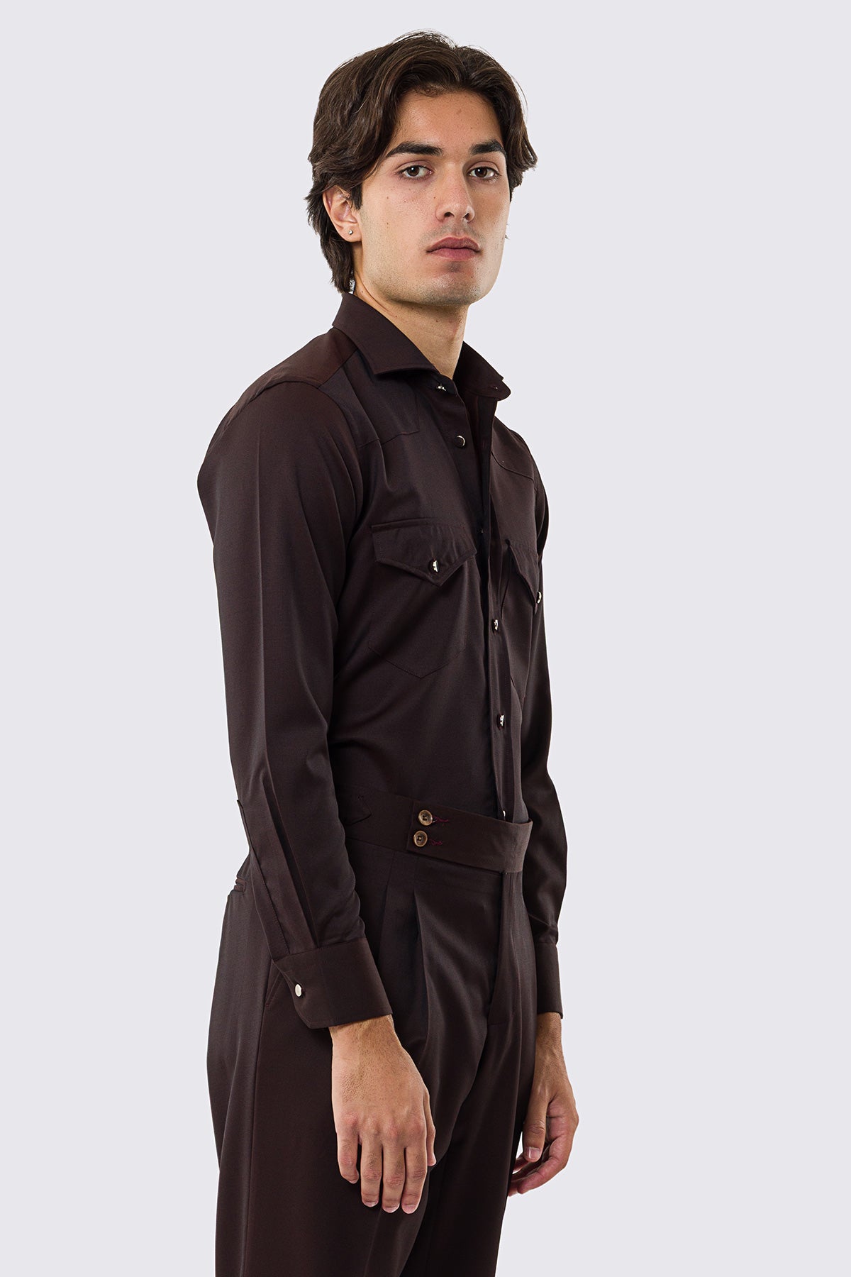 Camicia Uomo marrone modello texana vitale barberis canonico fresco lana super 130's made in italy collo semi francese morbido slim fit bottoni argento