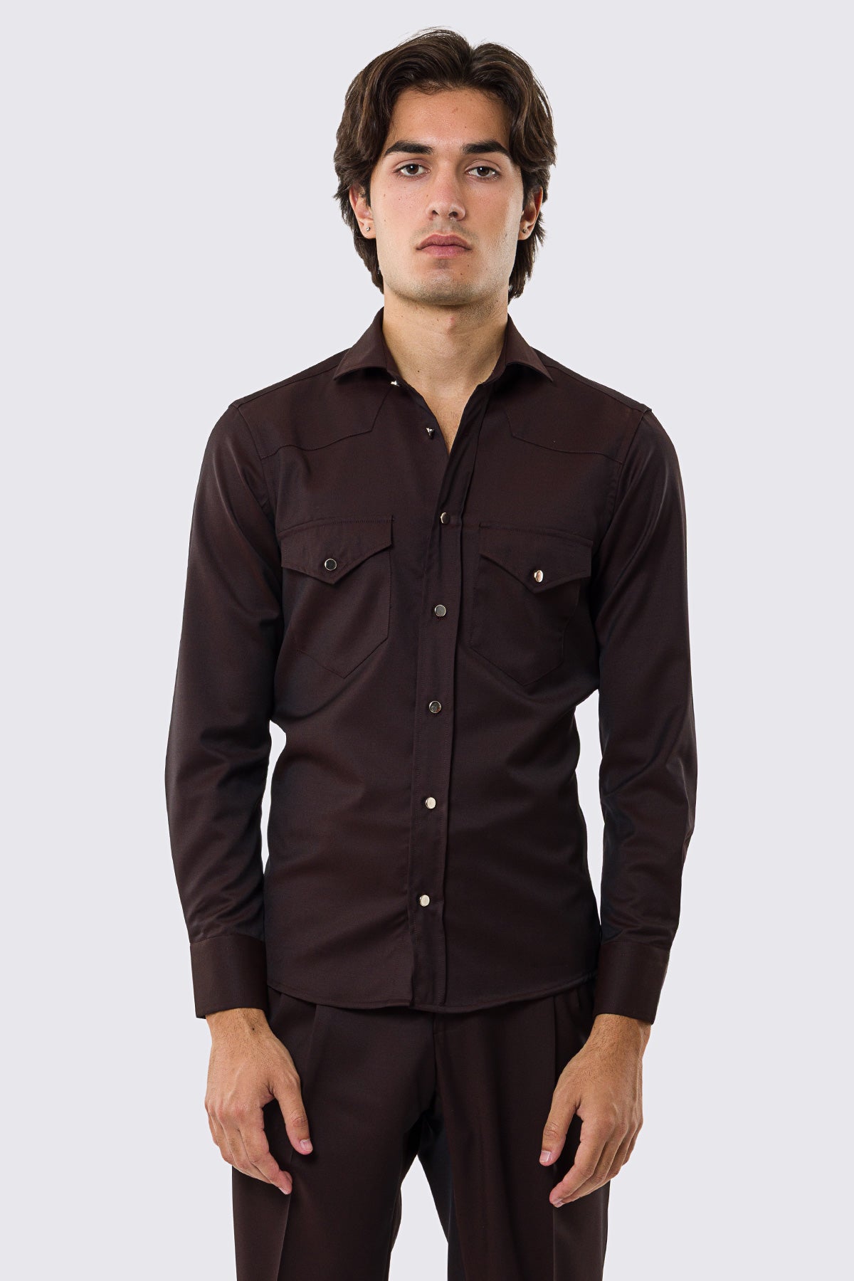 Camicia Uomo marrone modello texana vitale barberis canonico fresco lana super 130's made in italy collo semi francese morbido slim fit bottoni argento