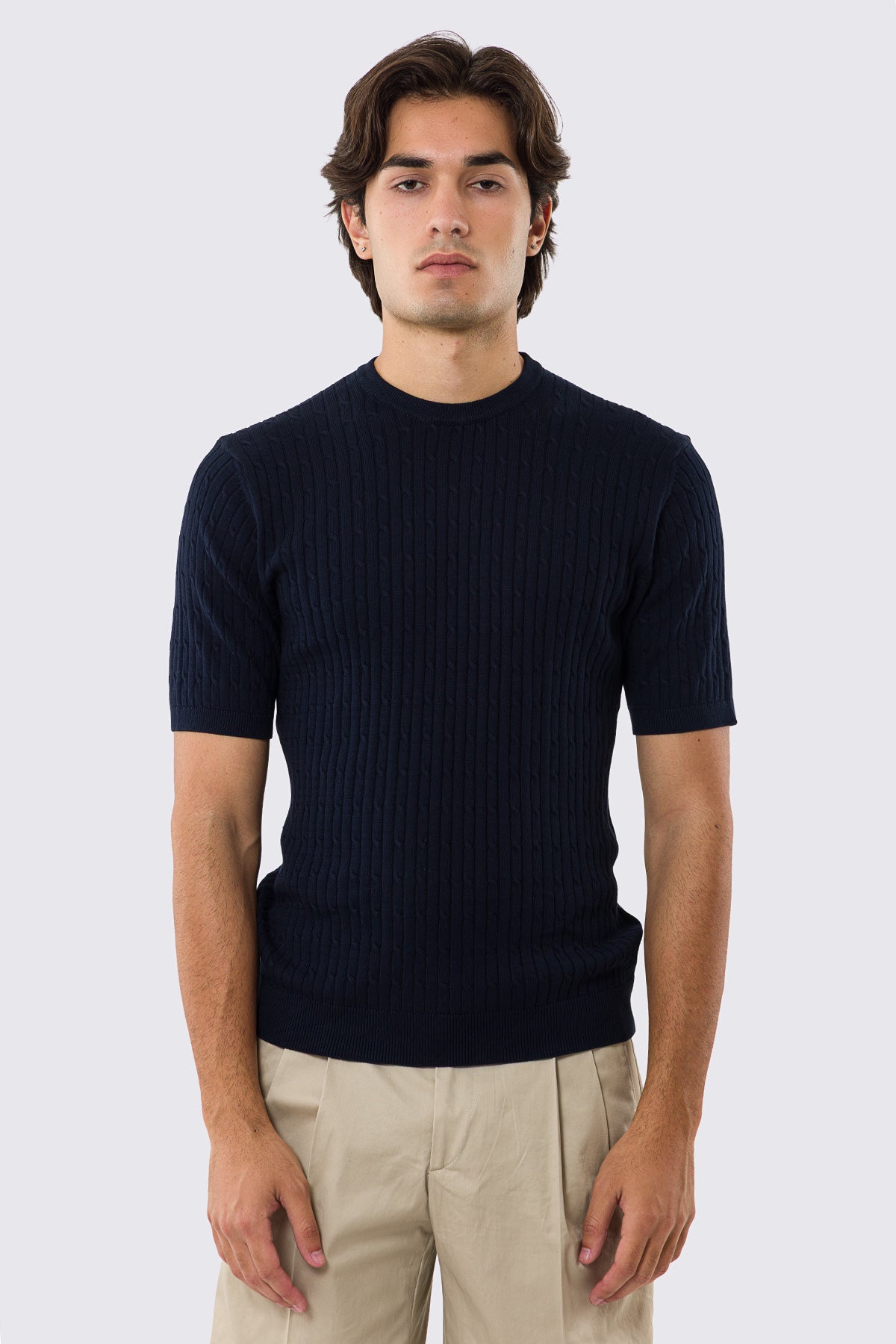 Maglioncino mezze maniche blu da uomo con treccia interna ed elastici sulle maniche e sul fondo100% cotone di filo tinta unita