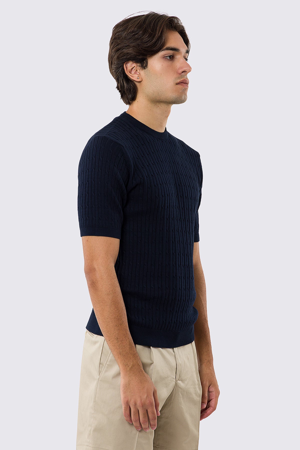 Maglioncino mezze maniche blu da uomo con treccia interna ed elastici sulle maniche e sul fondo100% cotone di filo tinta unita