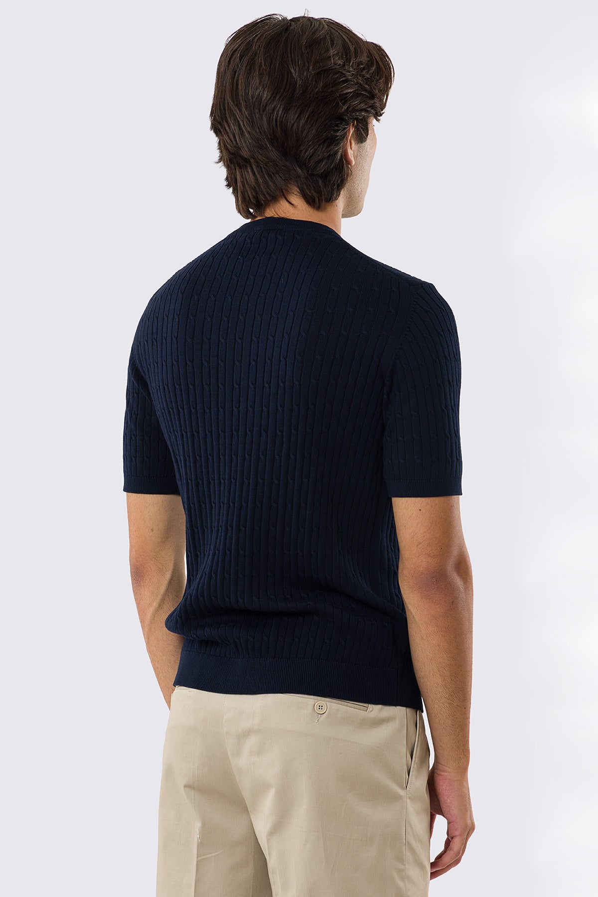 Maglioncino mezze maniche blu da uomo con treccia interna ed elastici sulle maniche e sul fondo100% cotone di filo tinta unita