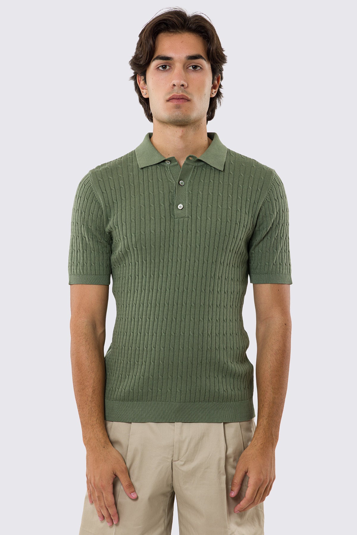 Polo mezze maniche verde militare da uomo con treccia interna ed elastici sulle maniche e sul fondo 100% cotone di filo tinta unita