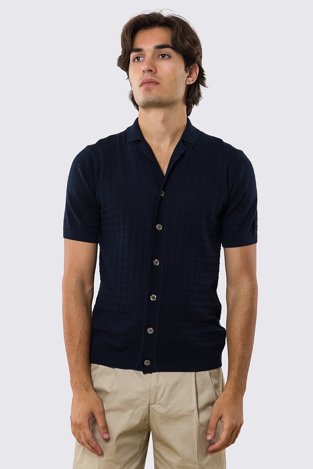 Polo mezze maniche blu da uomo con treccia quadrata interna ed elastici sulle maniche e sul fondo 100% cotone di filo tinta unita