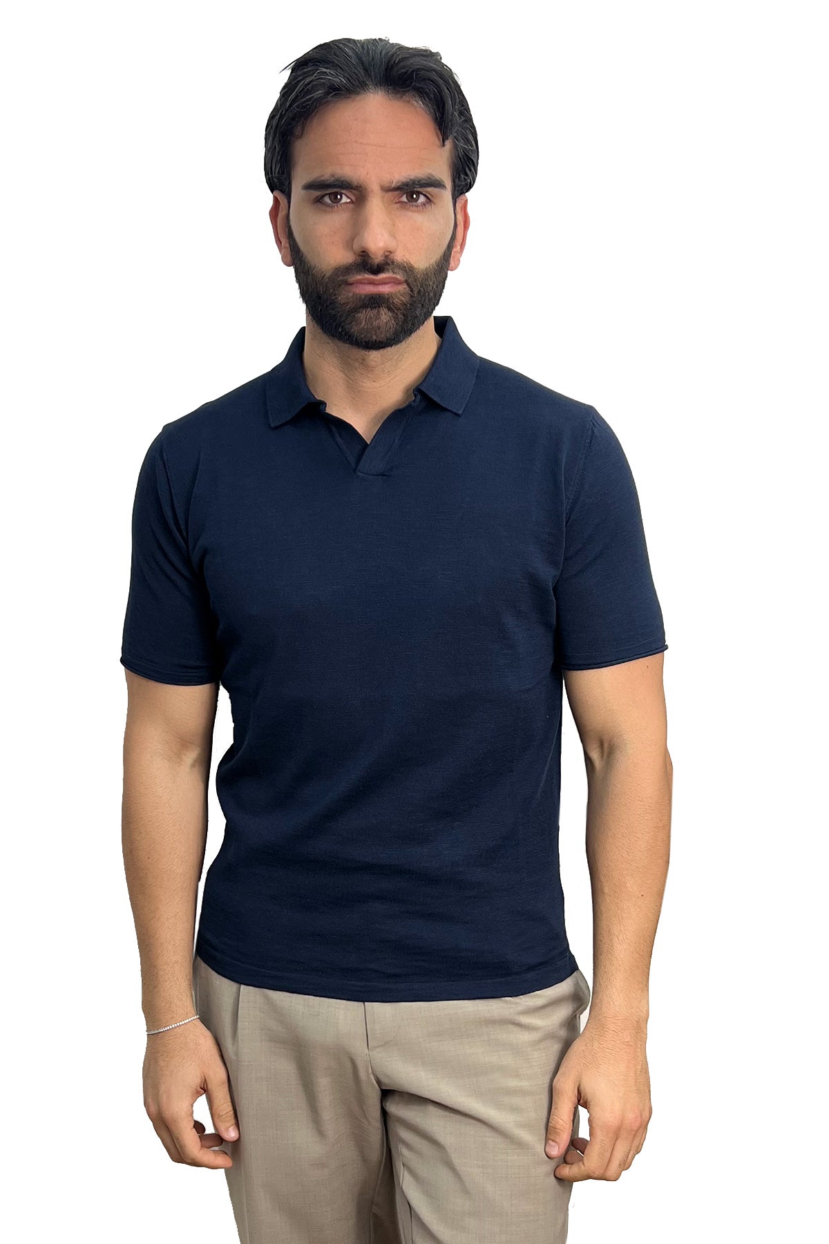 Polo mezze maniche blu da uomo finezza 14 con elastici sulle maniche e sul fondo 100% cotone di filo tinta unita