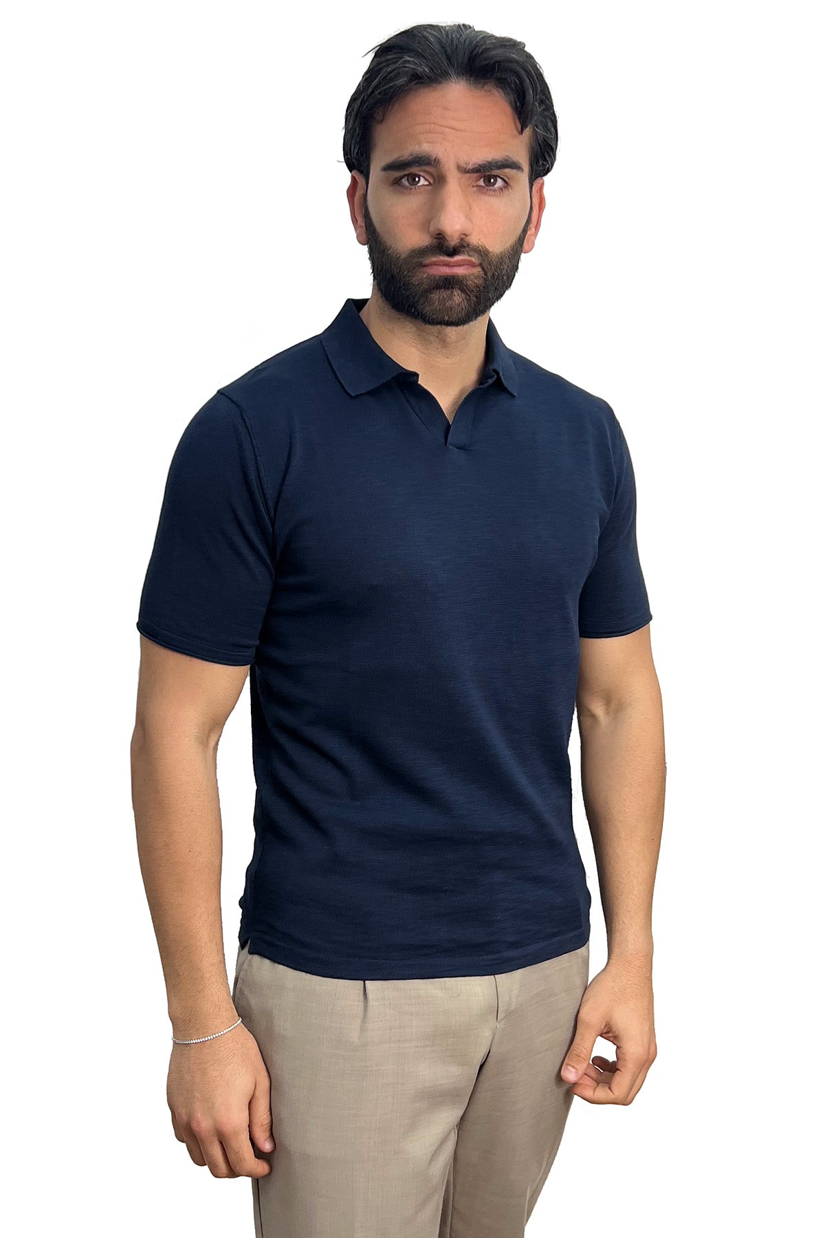 Polo mezze maniche blu da uomo finezza 14 con elastici sulle maniche e sul fondo 100% cotone di filo tinta unita