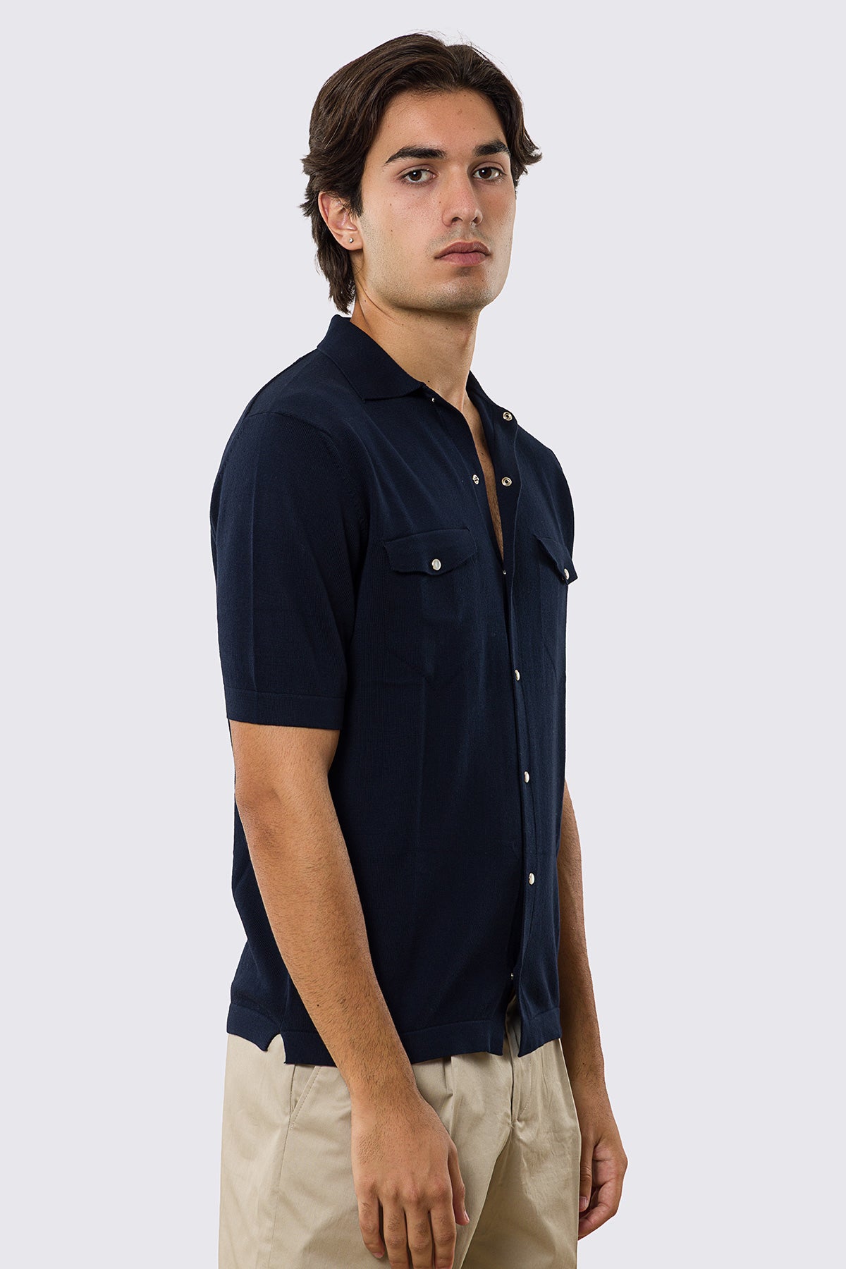 Polo mezze maniche blu modello con tasconi e bottoni clip in perla da uomo finezza 14 con elastici sulle maniche e sul fondo 100% cotone di filo tinta unita