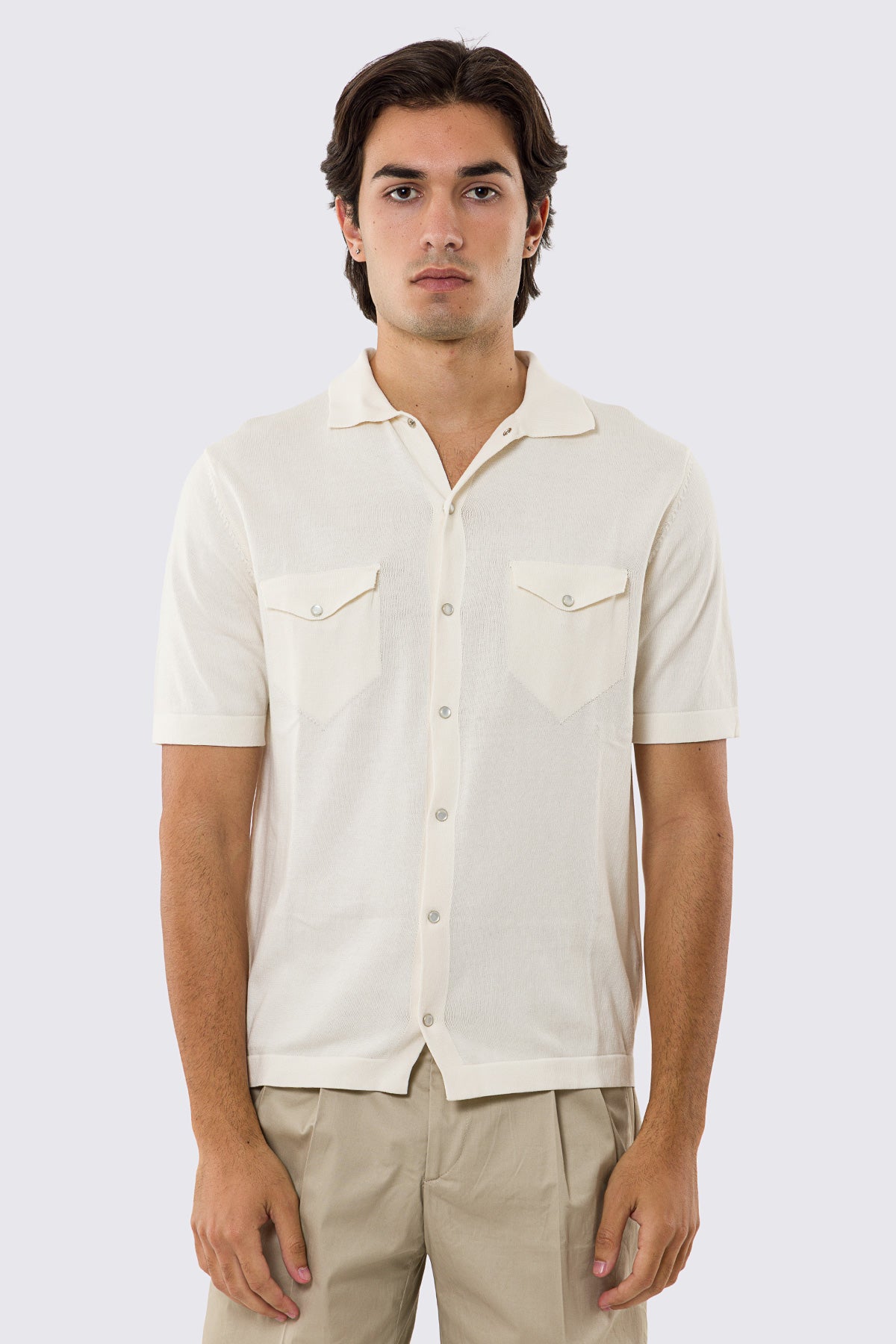 Polo mezze maniche panna modello con tasconi e bottoni clip in perla da uomo finezza 14 con elastici sulle maniche e sul fondo 100% cotone di filo tinta unita
