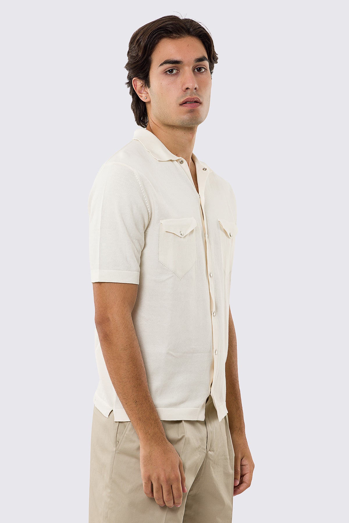 Polo mezze maniche panna modello con tasconi e bottoni clip in perla da uomo finezza 14 con elastici sulle maniche e sul fondo 100% cotone di filo tinta unita