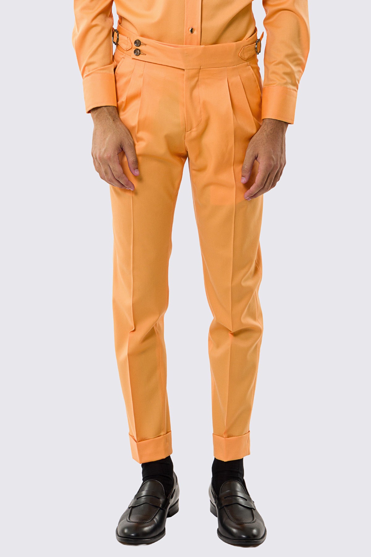Pantalone uomo arancio vita alta con fibbie laterali tasca america in fresco lana 100% Vitale Barberis Canonico risvolto 5cm